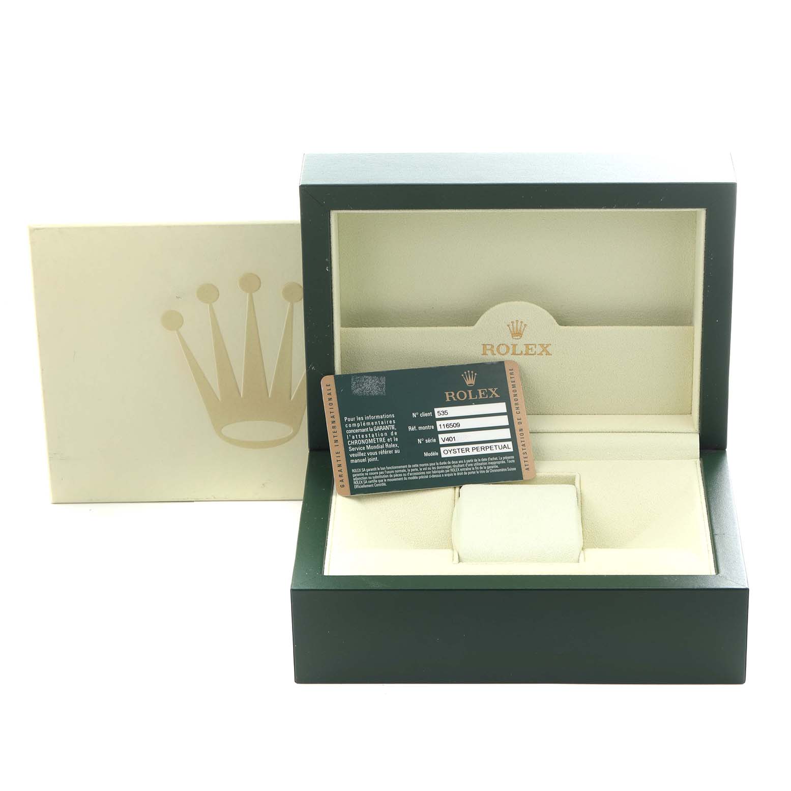 The image shows a Rolex Daytona 116509 Men's White Gold Blue Dial 116509 Men's White Gold Blue Dial watch box at an angle with an open lid, warranty card, and outer packaging.