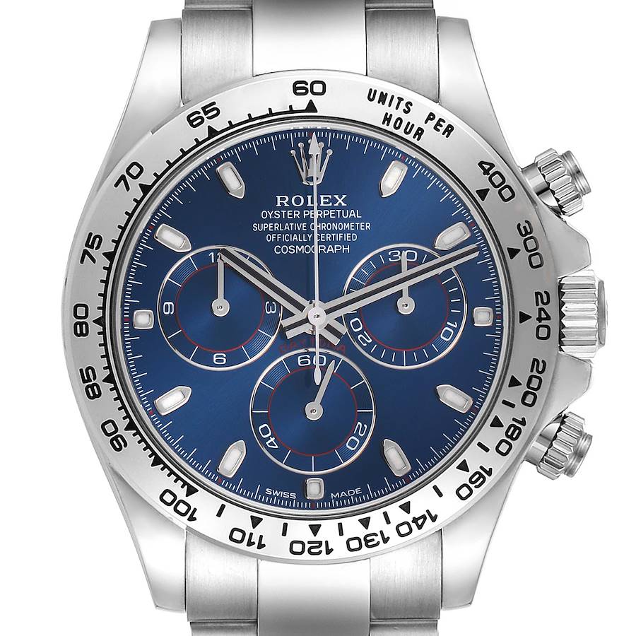 The Rolex Daytona watch is shown from the front, highlighting its blue dial, subdials, and bezel with tachymetric scale.