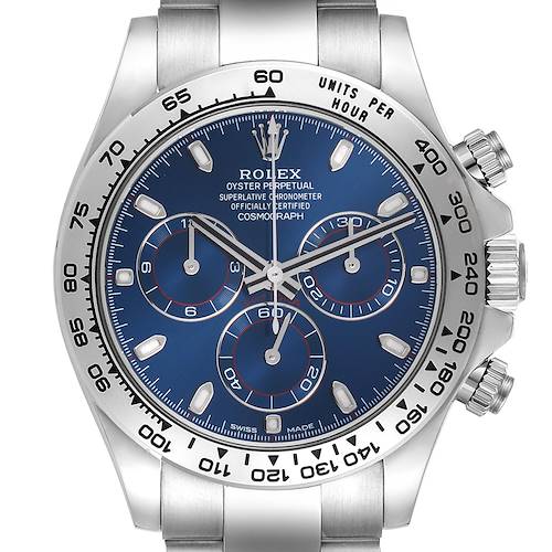 The Rolex Daytona model is shown from the front, highlighting its bezel, dial, sub-dials, and chronograph pushers.
