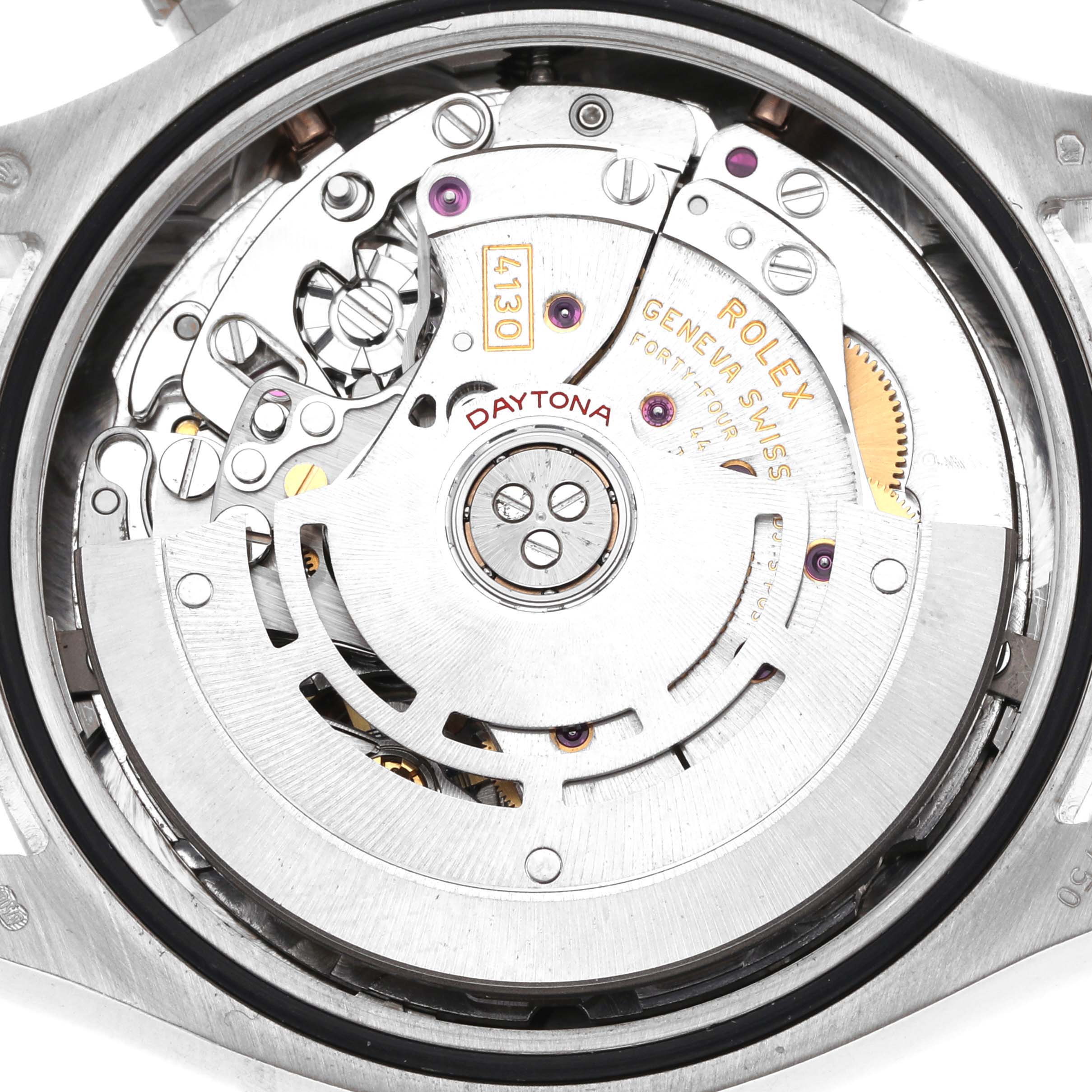 The image shows the back view of a Rolex Daytona 116509 Men's White Gold Blue Dial 116509 Men's White Gold Blue Dial watch, highlighting its intricate movement components.