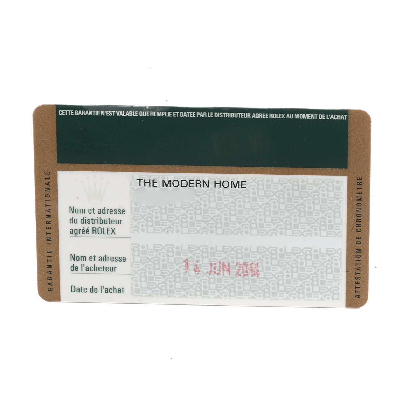 The image shows a Rolex Daytona 116509 Men's White Gold Blue Dial 116509 Men's White Gold Blue Dial warranty card with text fields for distributor and purchaser details.