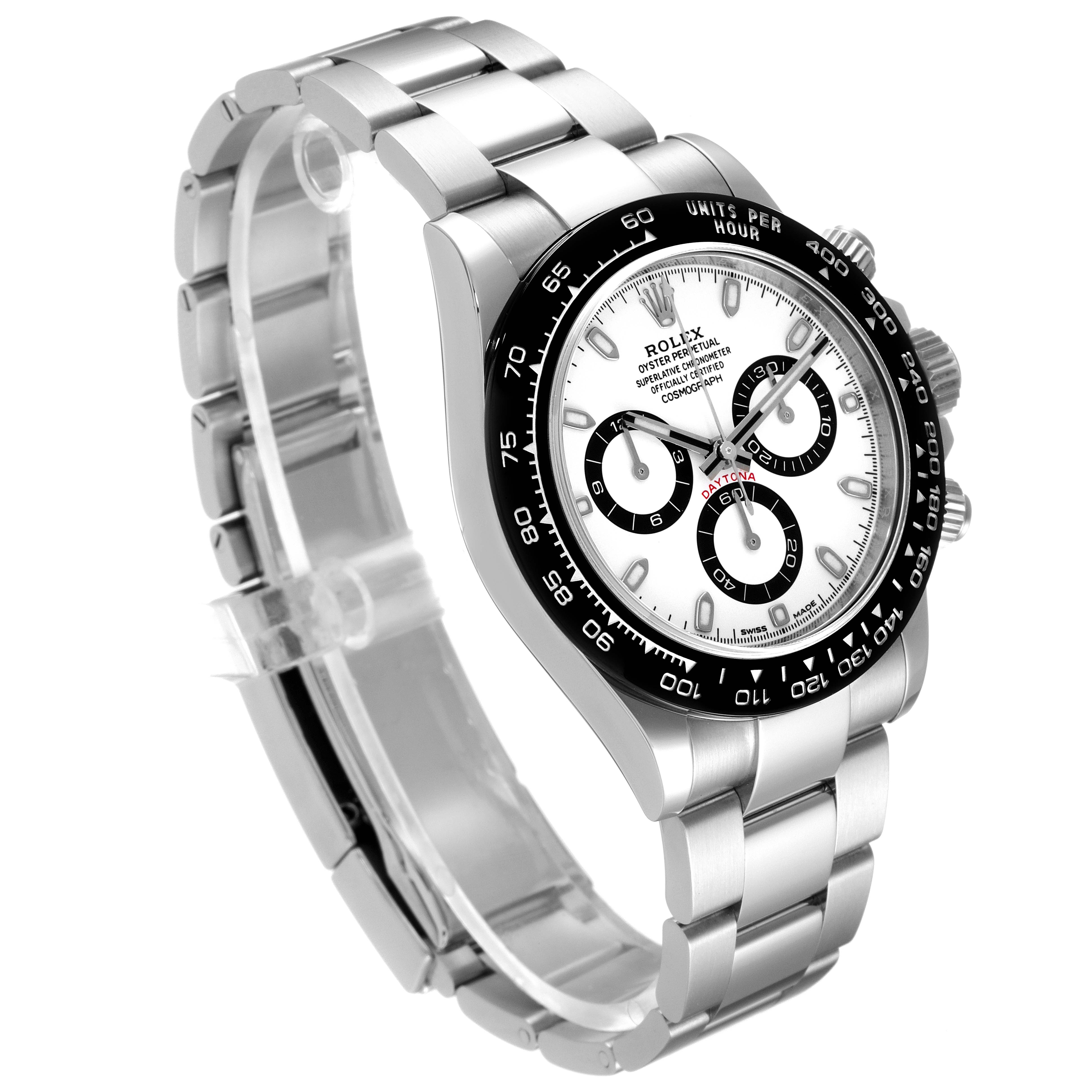 The image shows a Rolex Daytona 116500 Men's Stainless Steel White Dial 116500 Men's Stainless Steel White Dial watch at a three-quarter angle, highlighting its face, bezel, and band.