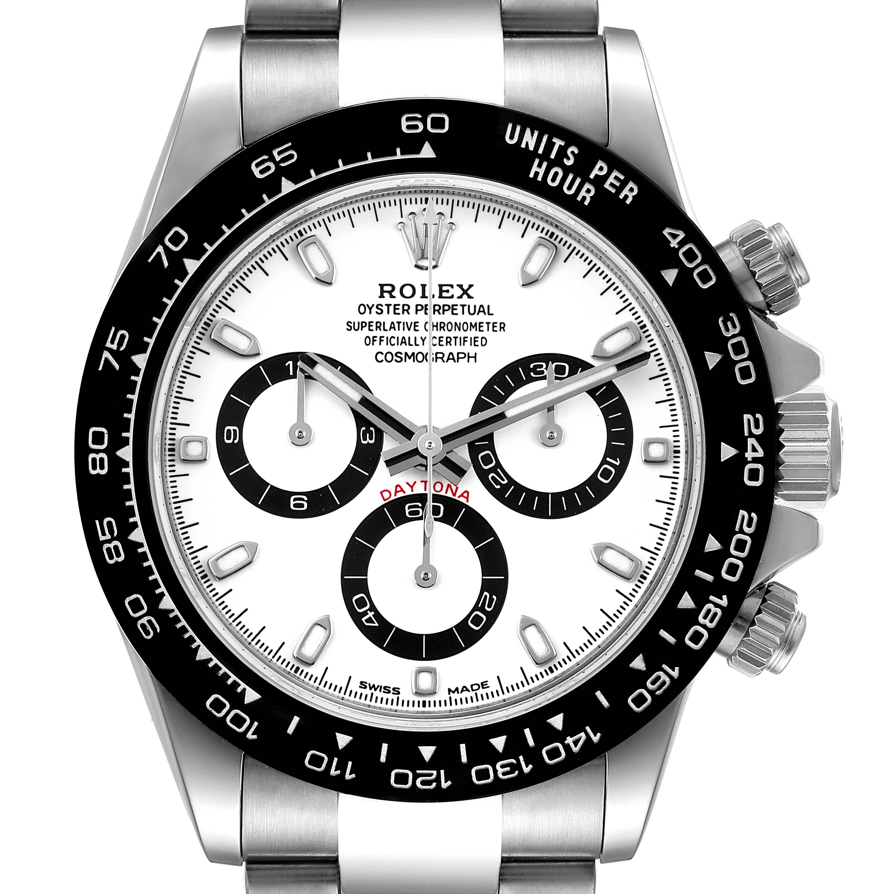 The image shows a front view of the Rolex Daytona 116500 Men's Stainless Steel White Dial 116500 Men's Stainless Steel White Dial watch, displaying its bezel, dial, chronograph subdials, and bracelet.