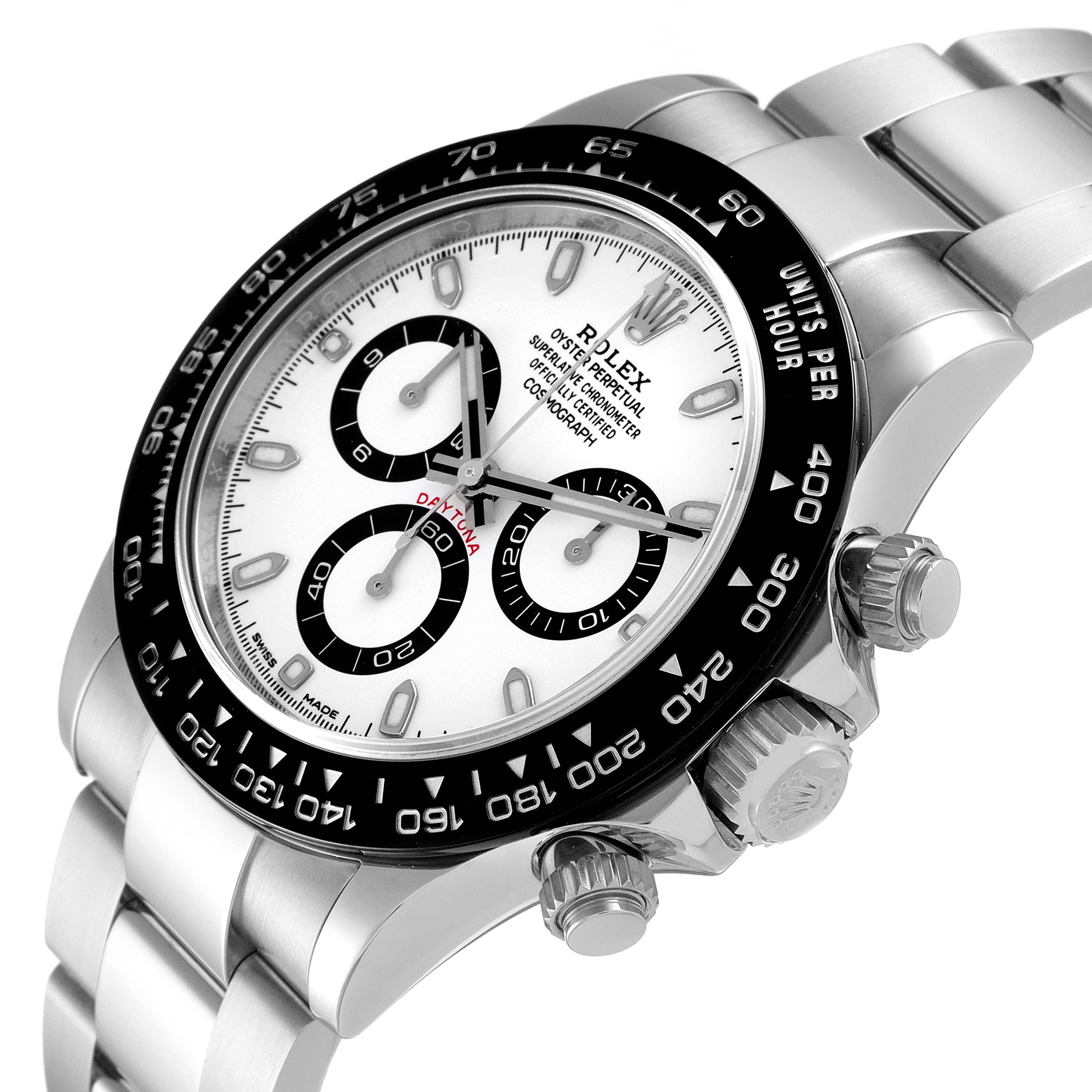 This image shows a Rolex Daytona 116500 Men's Stainless Steel White Dial 116500 Men's Stainless Steel White Dial watch angled to display the face, bezel, crown, and part of the bracelet.