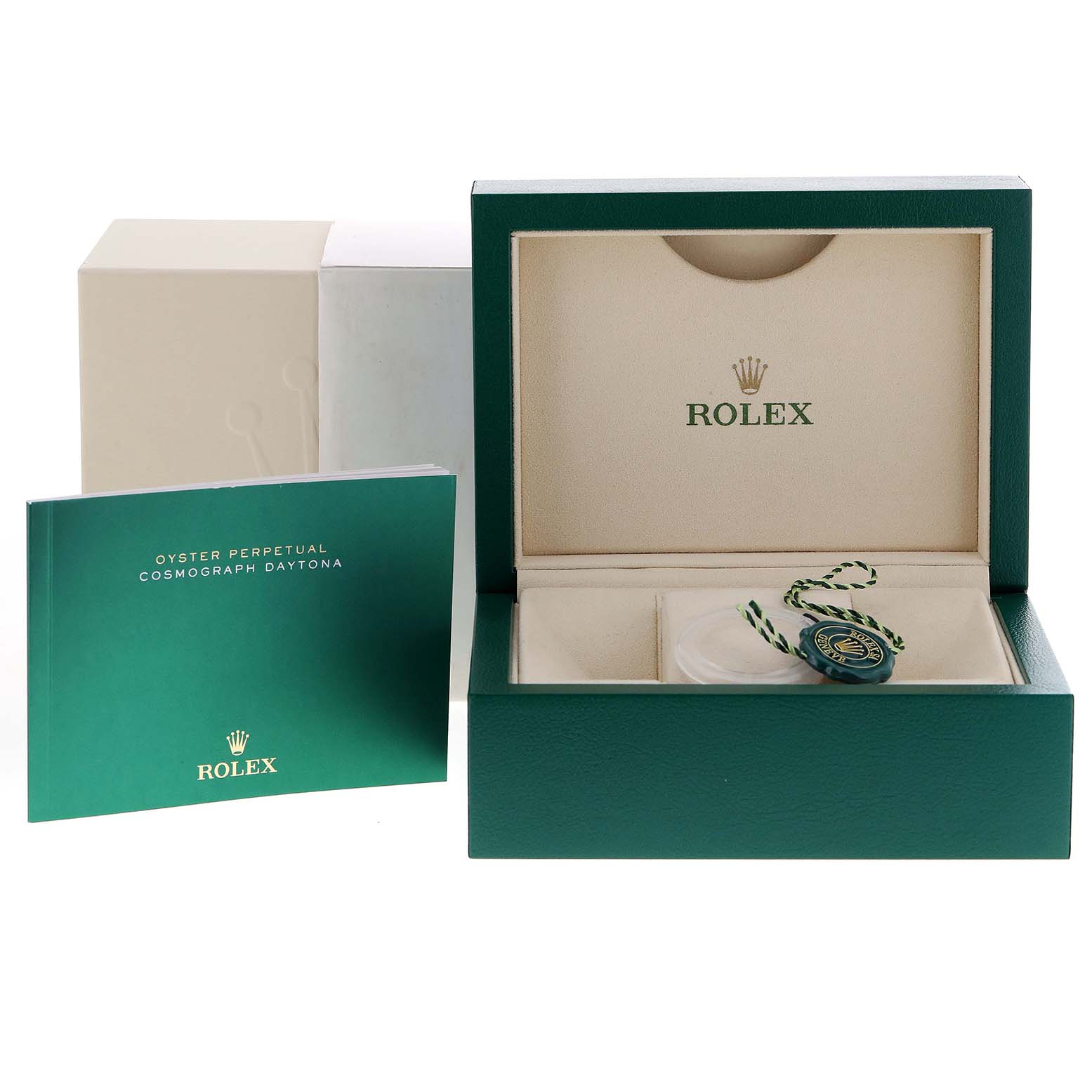 The image shows the open box and manual of a Rolex Daytona 116500 Men's Stainless Steel White Dial 116500 Men's Stainless Steel White Dial watch, highlighting the packaging and accessories.