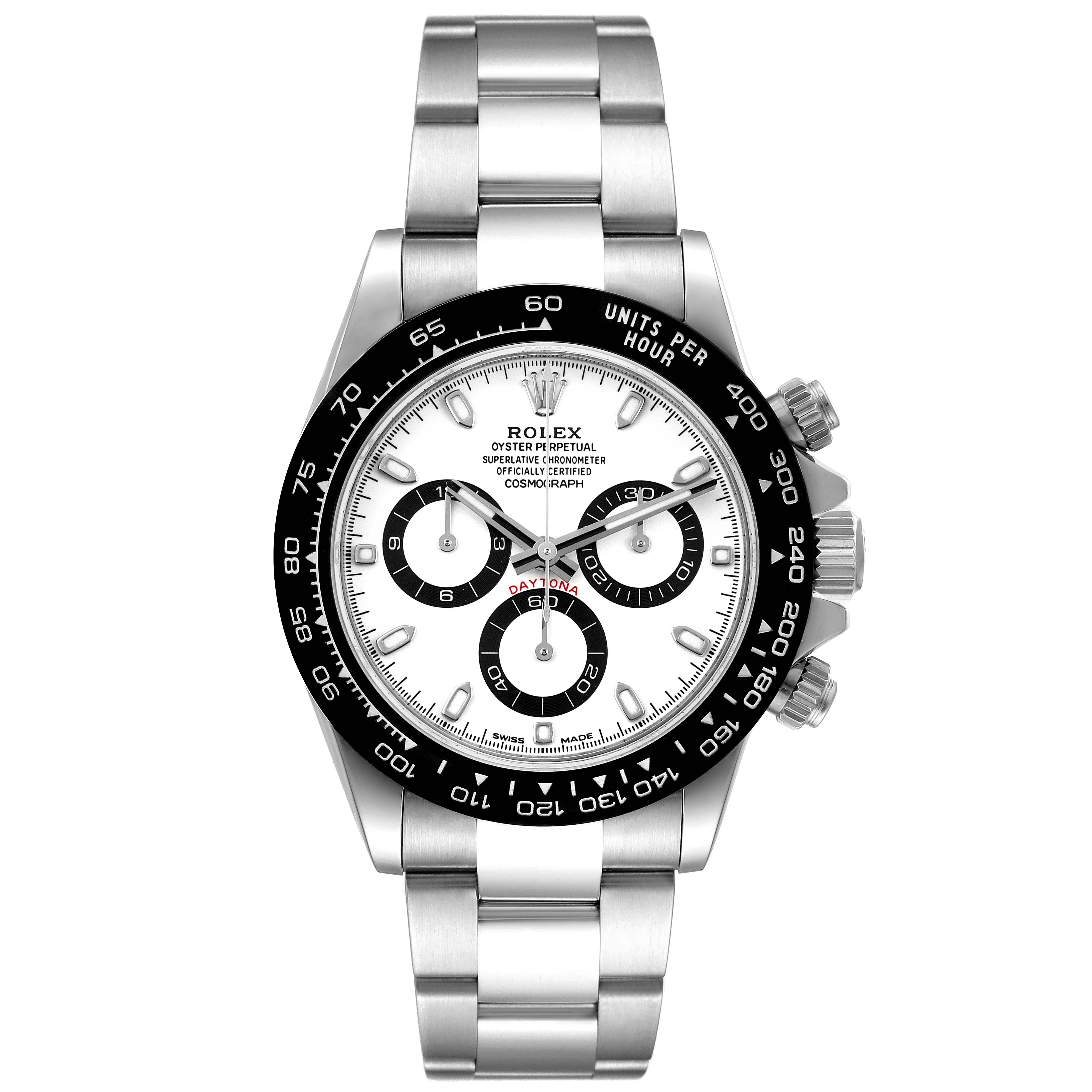 The image shows a front view of a Rolex Daytona 116500 Men's Stainless Steel White Dial 116500 Men's Stainless Steel White Dial watch displaying the dial, bezel, and bracelet.