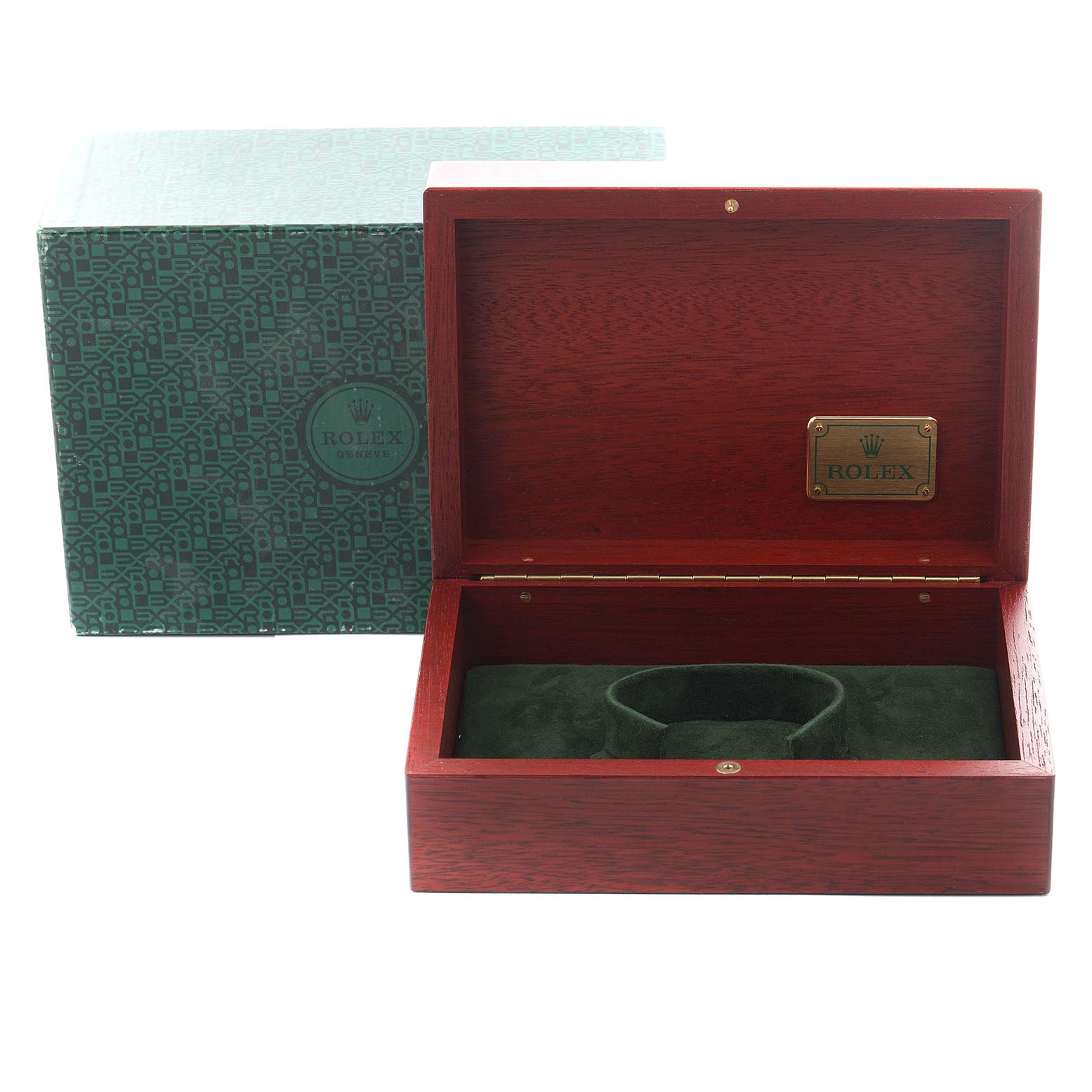 The image shows a Rolex Daytona 16528 Men's Yellow Gold White Dial 16528 Men's Yellow Gold White Dial watch box open at a slight angle, with its outer green box visible.