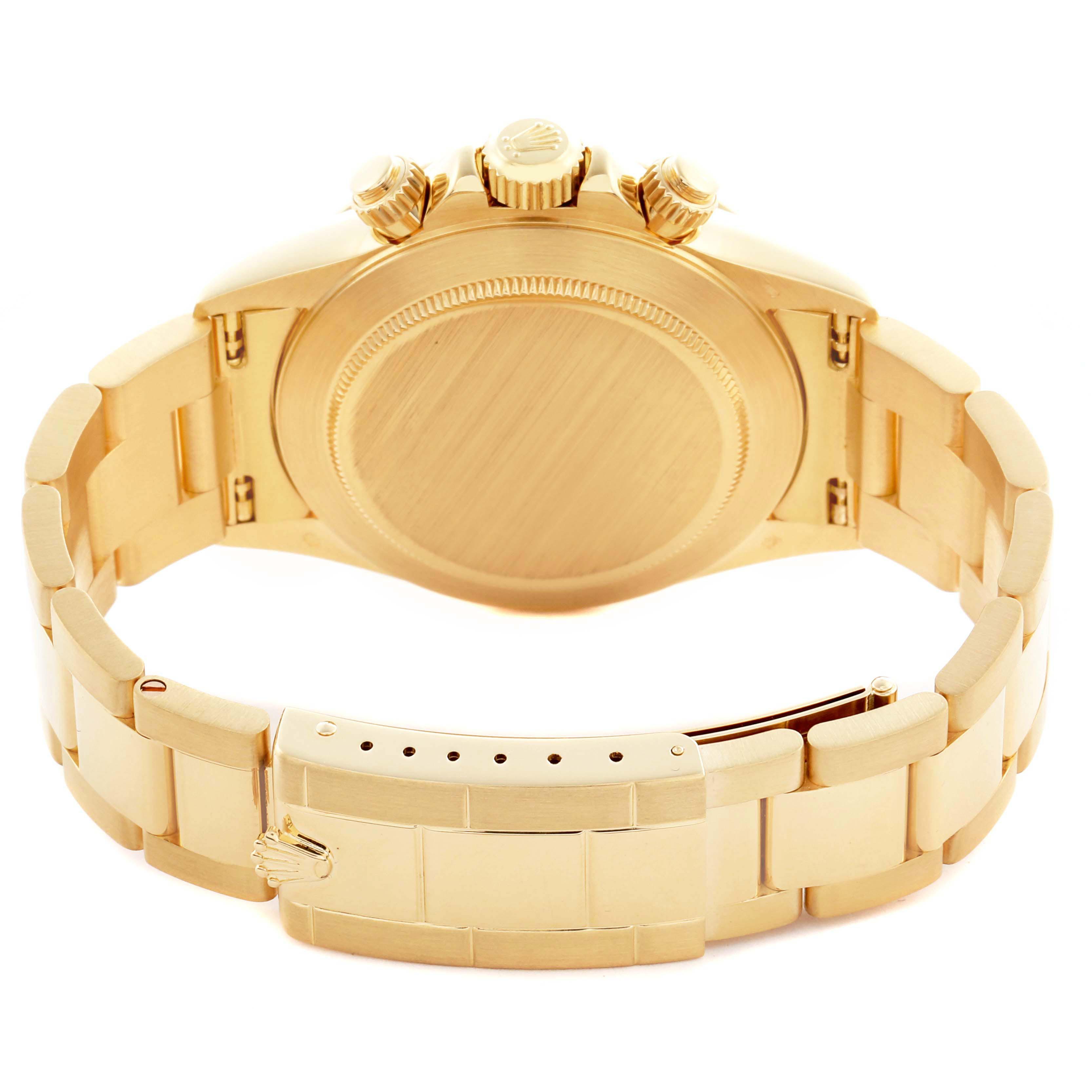 The image shows the back case and bracelet of a Rolex Daytona 16528 Men's Yellow Gold White Dial 16528 Men's Yellow Gold White Dial watch, including the clasp and crown.