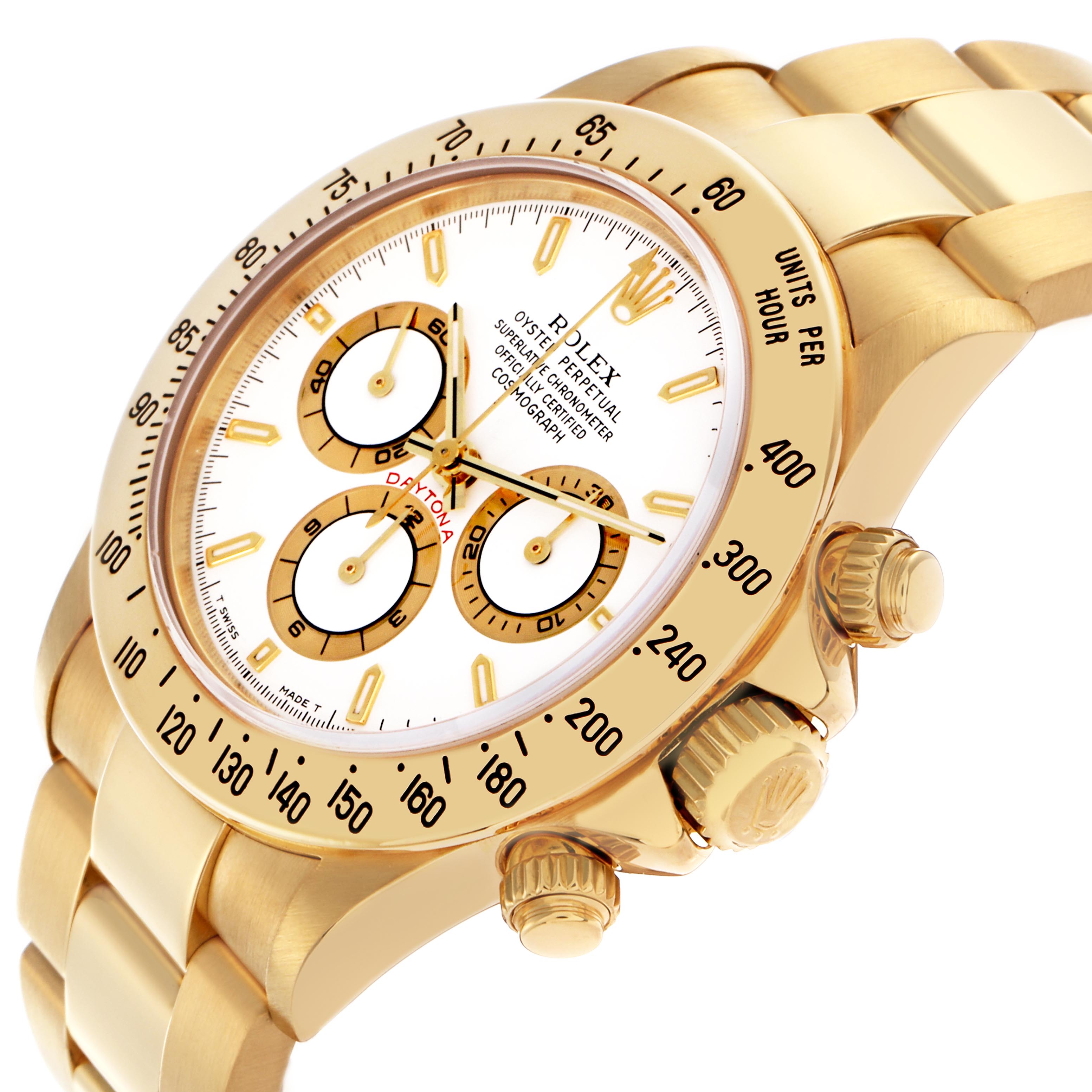 The Rolex Daytona 16528 Men's Yellow Gold White Dial 16528 Men's Yellow Gold White Dial watch is shown at a slight angle, highlighting its gold bezel, subdials, crown, and bracelet.