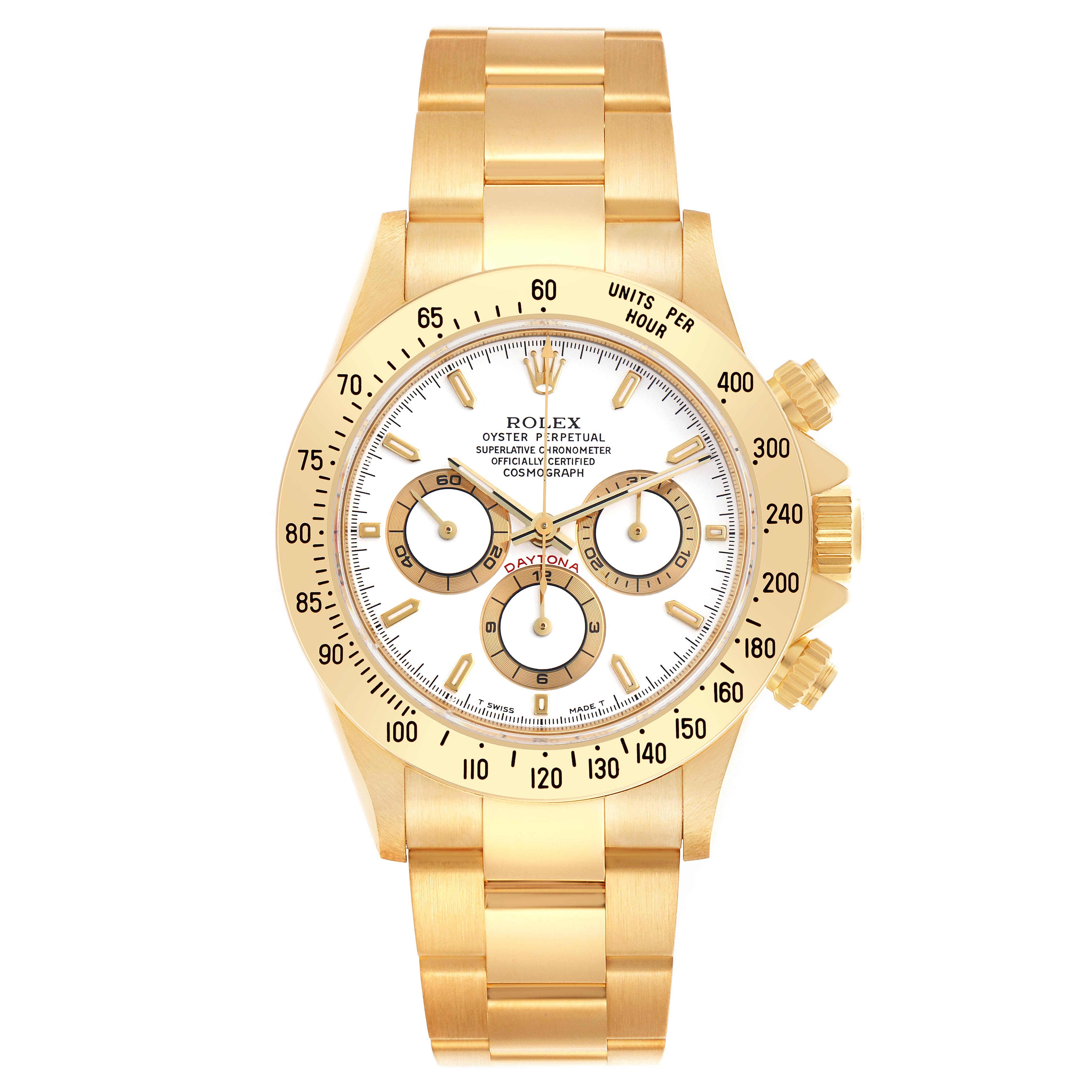 The Rolex Daytona 16528 Men's Yellow Gold White Dial 16528 Men's Yellow Gold White Dial watch is shown from a front angle, highlighting the dial, bezel, and bracelet.