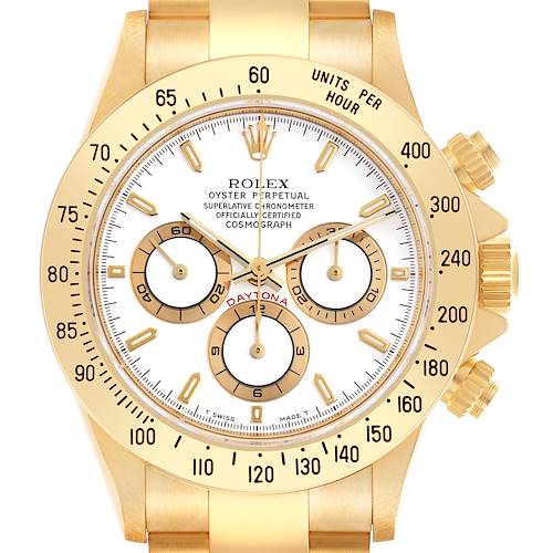 The Rolex Daytona watch is shown from the front, highlighting its gold bezel, sub-dials, and prominent markers.