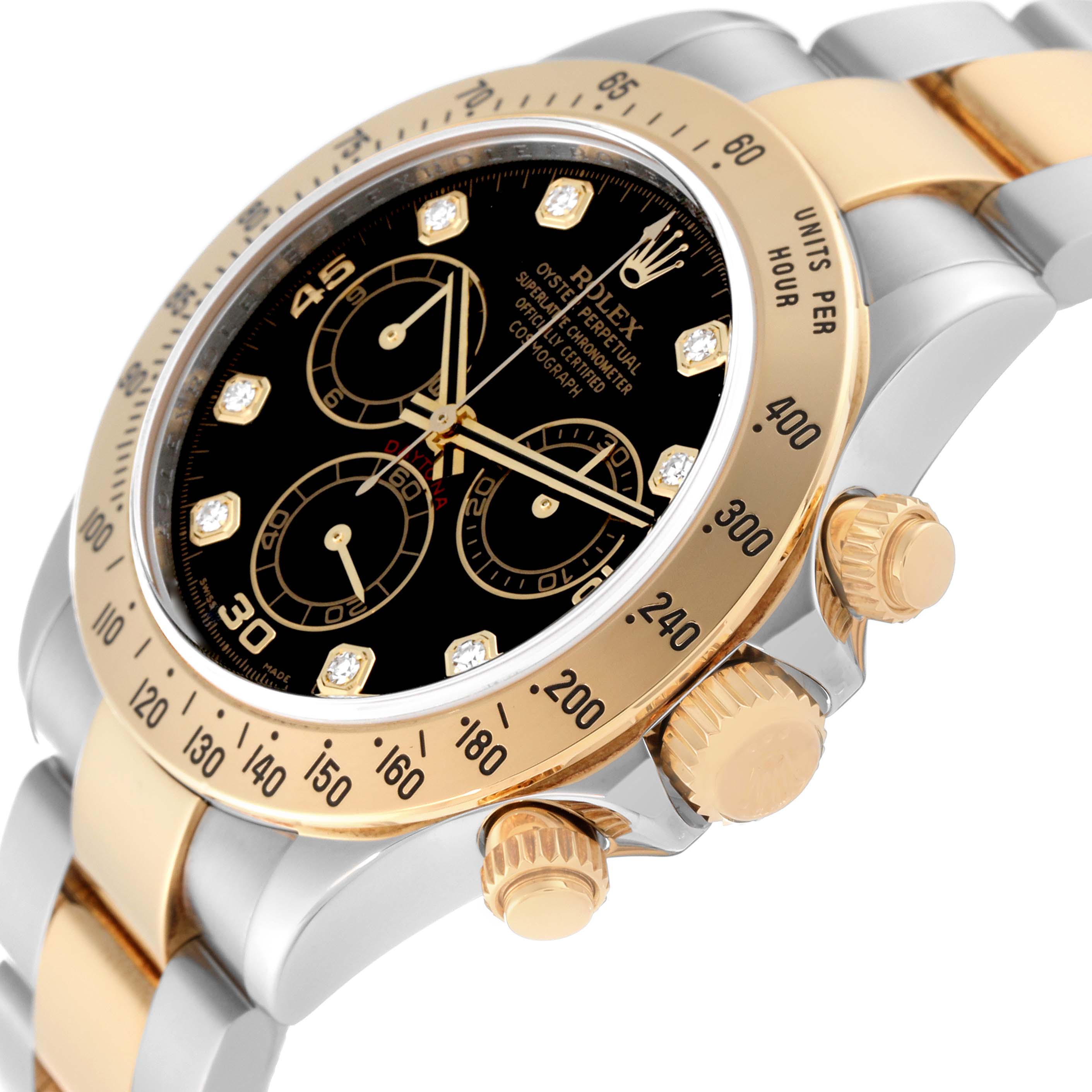 The image shows a close-up angled view of a Rolex Daytona 116523 Men
s Steel and Gold (two tone) Black Dial 116523 Men
s Steel and Gold (two tone) Black Dial watch, highlighting the bezel, crown, pushers, and part of the bracelet.