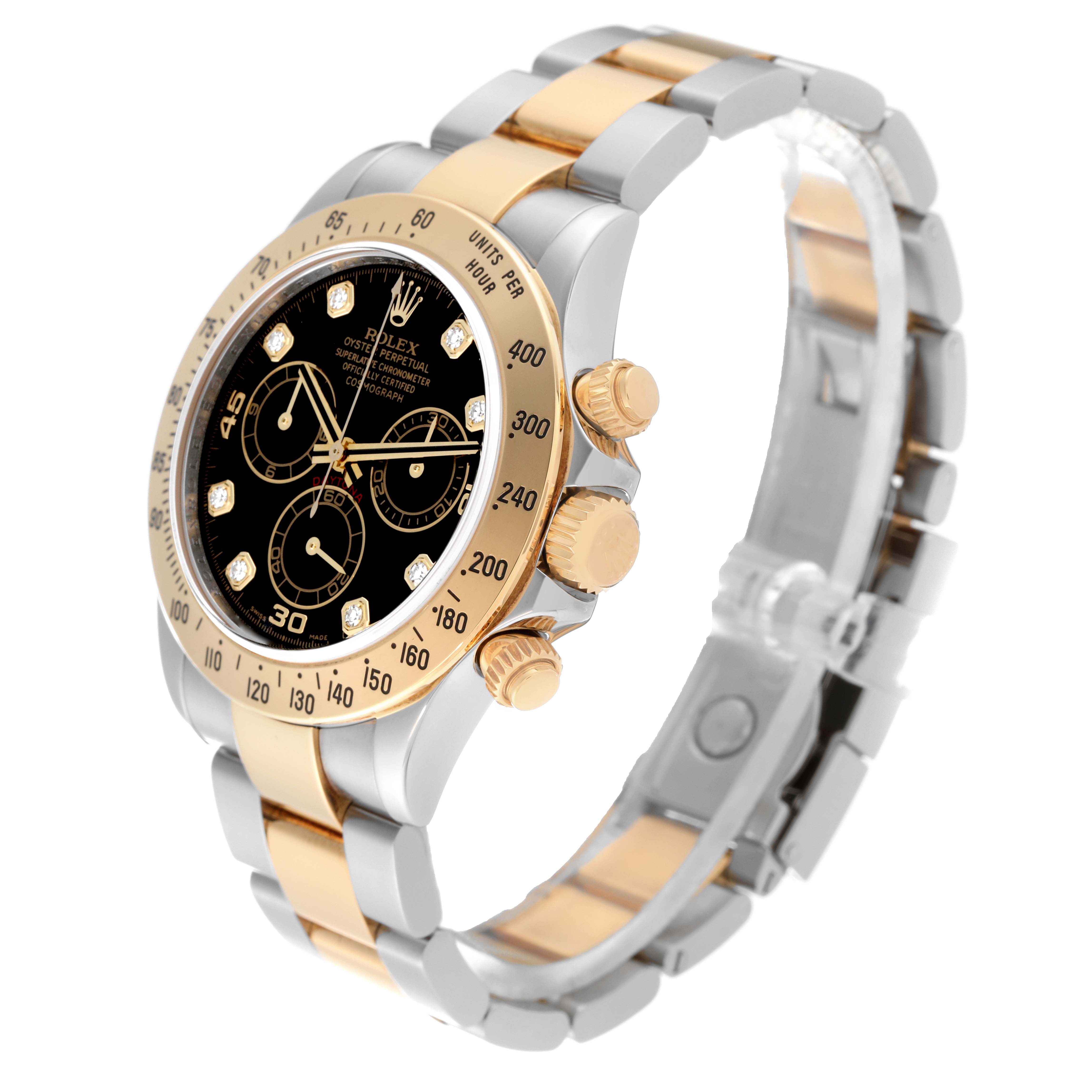 The Rolex Daytona 116523 Men
s Steel and Gold (two tone) Black Dial 116523 Men
s Steel and Gold (two tone) Black Dial watch is shown at an angle displaying the case, bezel, pushers, crown, and bracelet.