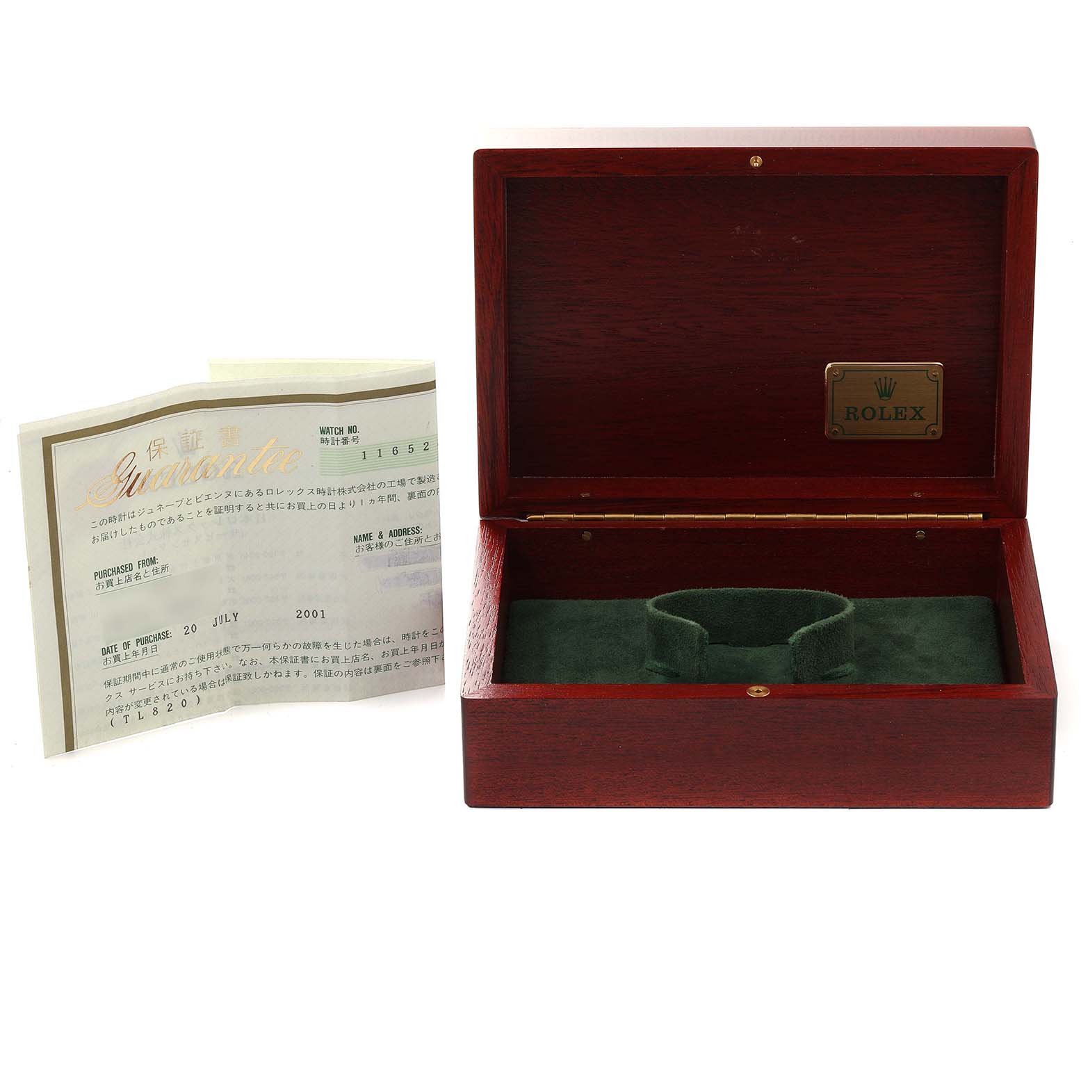 The image shows the open wooden box and guarantee card for the Rolex Daytona 116528 Men's Yellow Gold Champagne Dial 116528 Men's Yellow Gold Champagne Dial watch.
