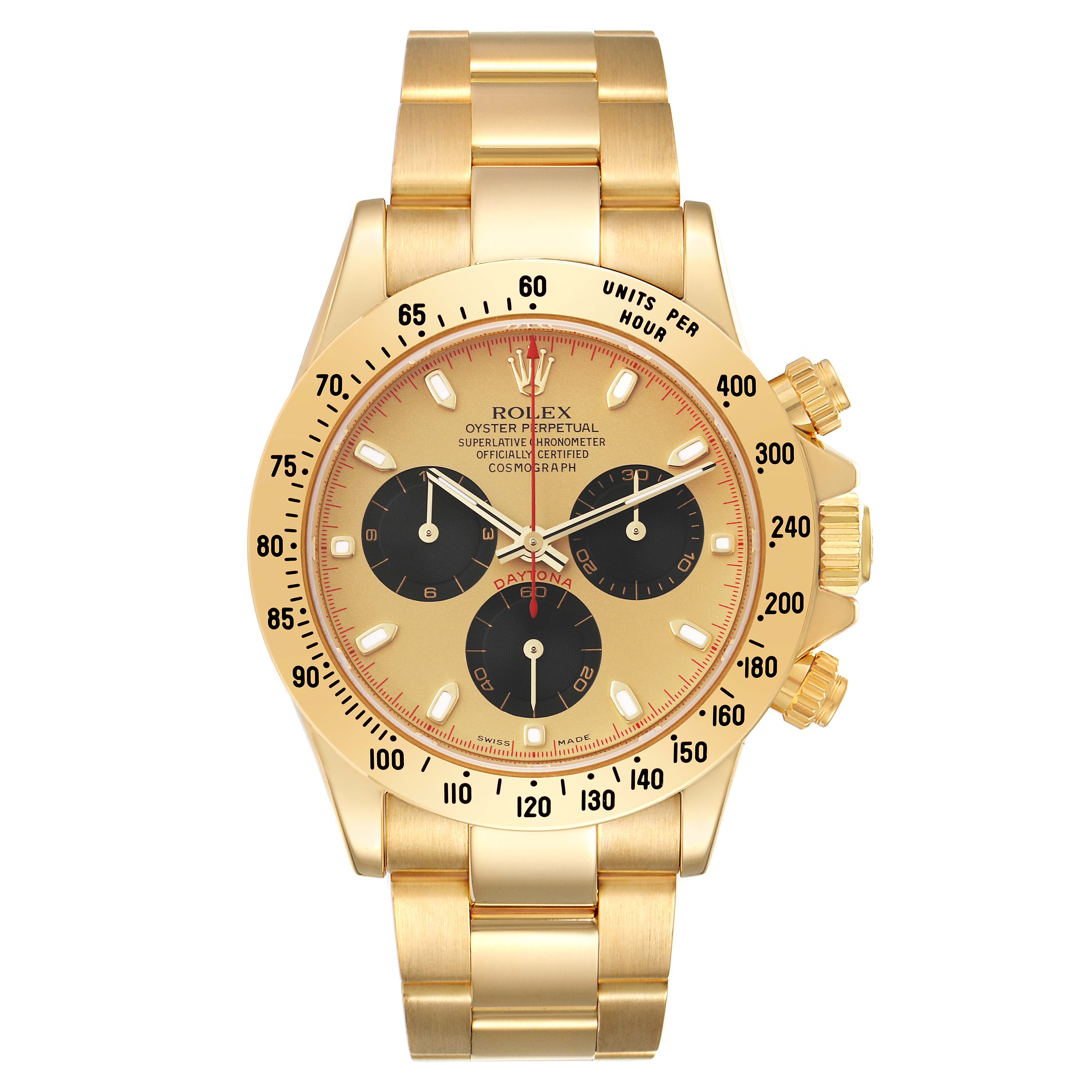 This image shows a front view of a Rolex Daytona 116528 Men's Yellow Gold Champagne Dial 116528 Men's Yellow Gold Champagne Dial watch, displaying its gold bracelet, bezel, and dial with subdials.