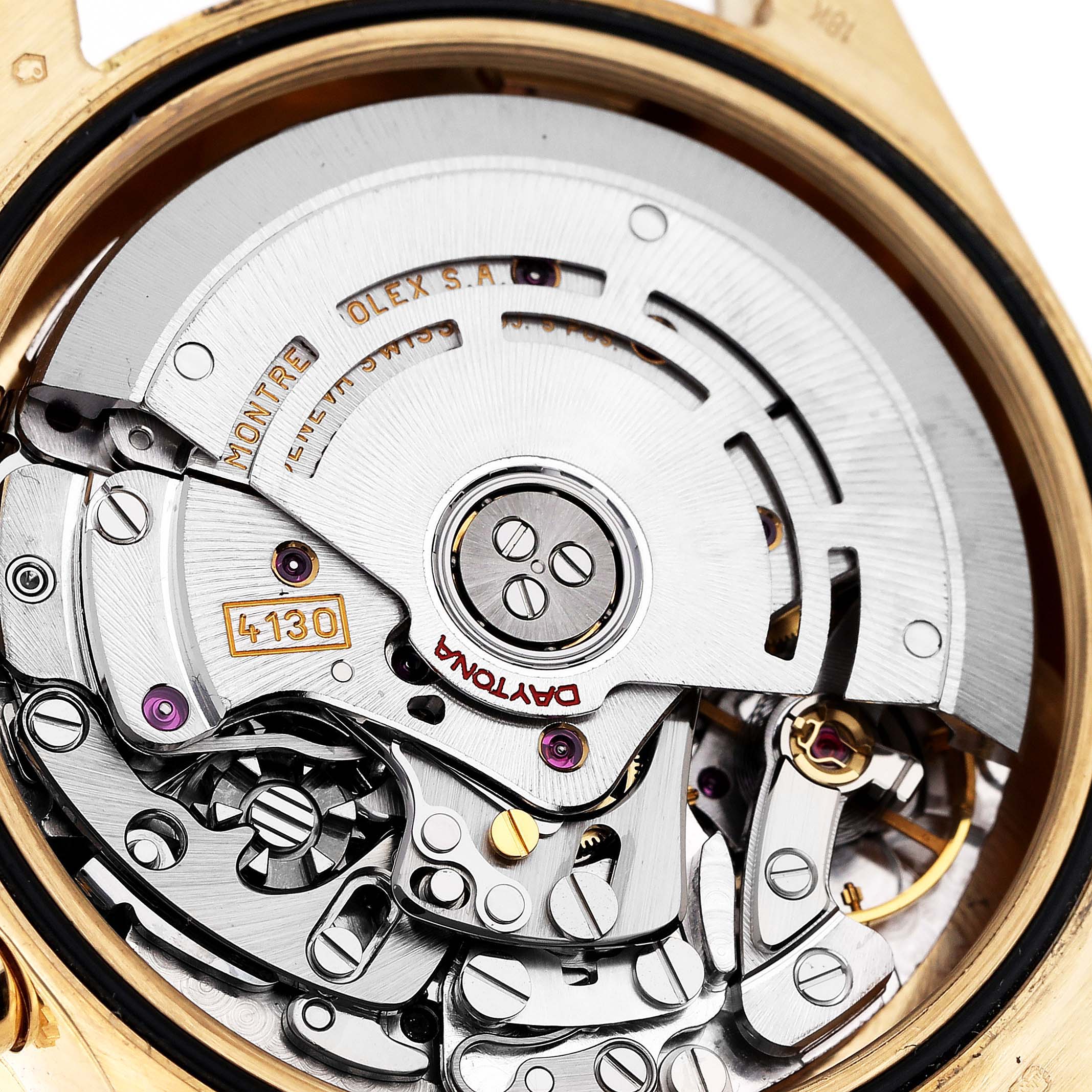 The image shows a close-up of the inner mechanism and movement of a Rolex Daytona 116528 Men's Yellow Gold Champagne Dial 116528 Men's Yellow Gold Champagne Dial watch, model 4130.
