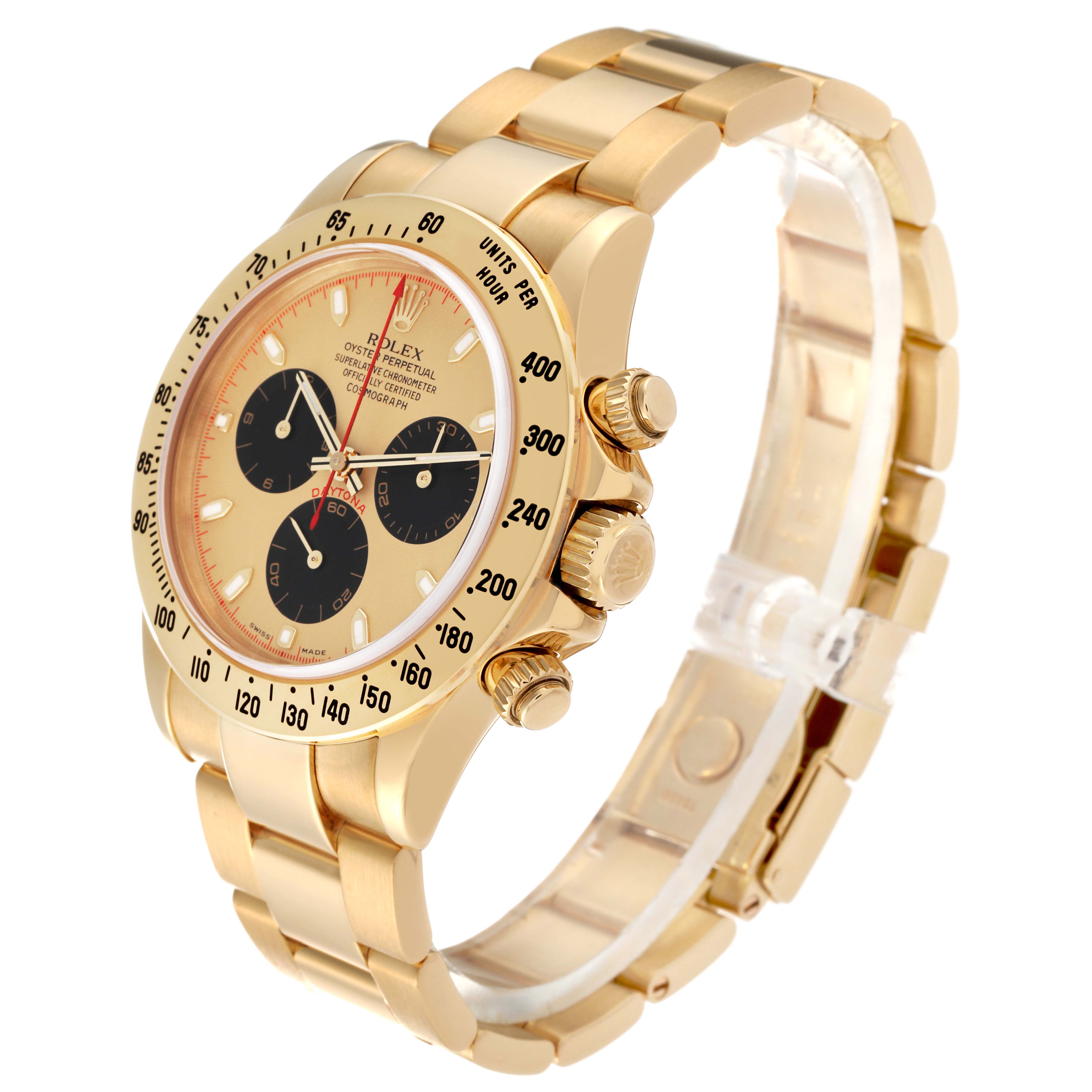 This Rolex Daytona 116528 Men's Yellow Gold Champagne Dial 116528 Men's Yellow Gold Champagne Dial watch is shown at a slight angle, displaying the face, bezel, and gold bracelet.