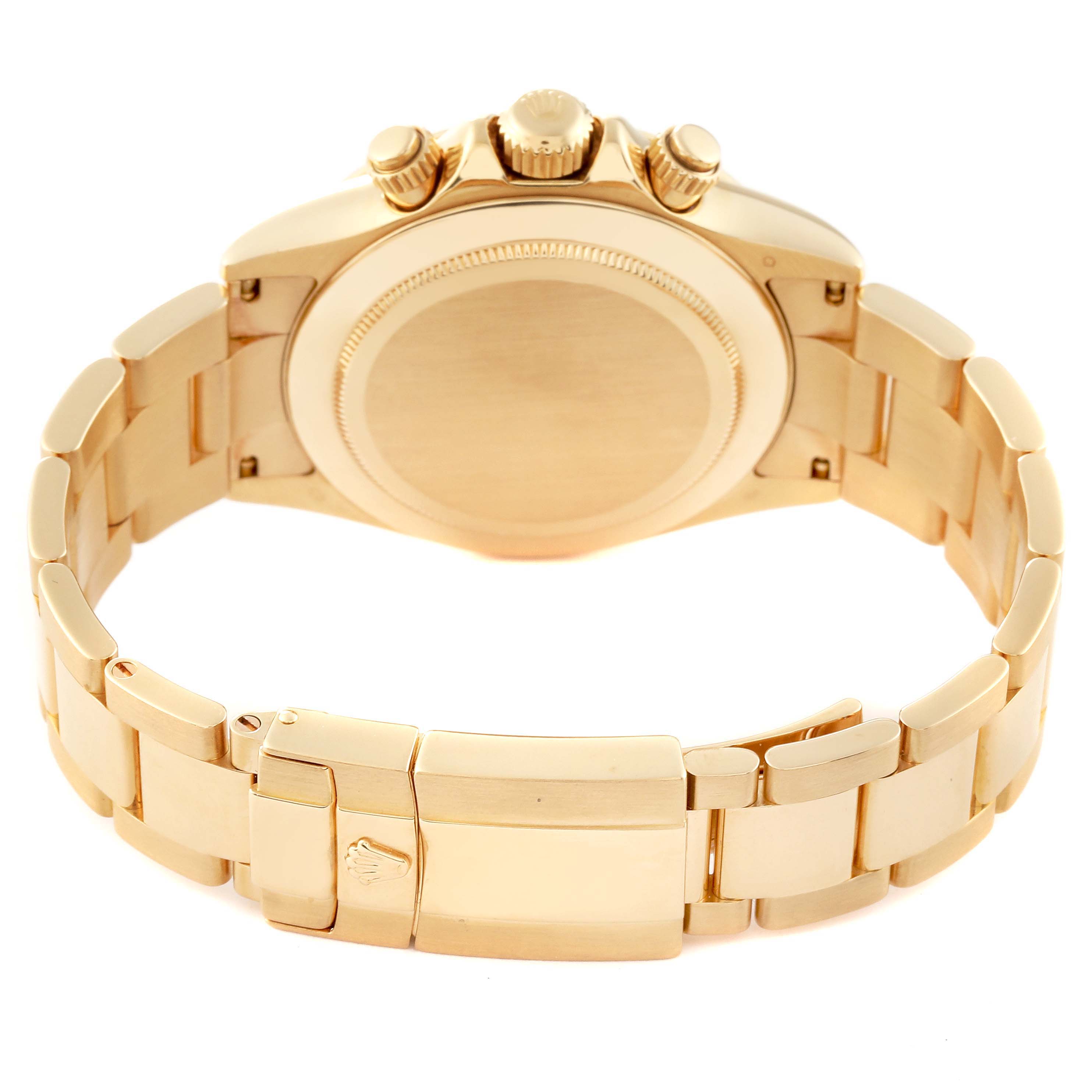 The image shows the back side of a Rolex Daytona 116528 Men's Yellow Gold Champagne Dial 116528 Men's Yellow Gold Champagne Dial watch, highlighting the bracelet, clasp, and case back.