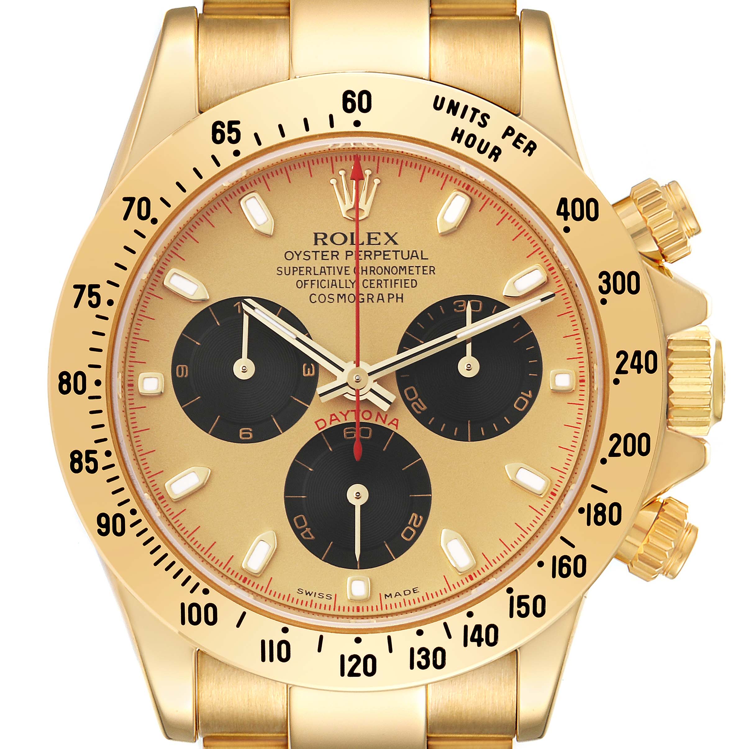 This is a close-up front view of a Rolex Daytona 116528 Men's Yellow Gold Champagne Dial 116528 Men's Yellow Gold Champagne Dial watch, showing its dial, bezel, sub-dials, crown, and pushers in gold.