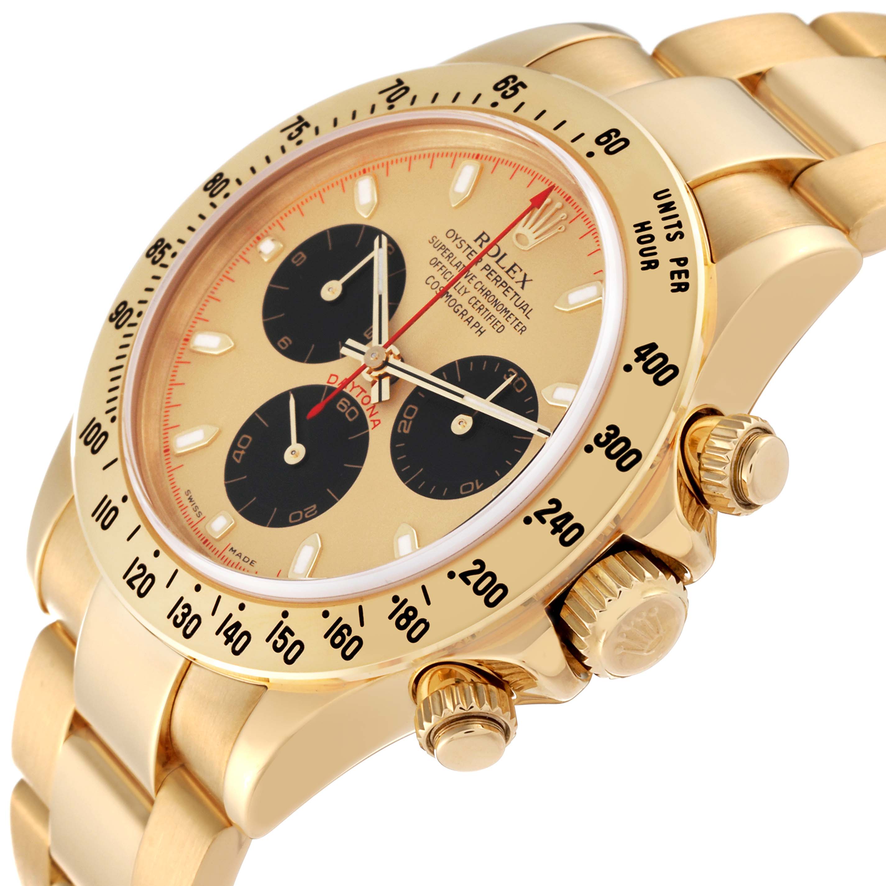 The image shows a side angle of a gold Rolex Daytona 116528 Men's Yellow Gold Champagne Dial 116528 Men's Yellow Gold Champagne Dial watch, highlighting the bezel, dial, chronograph subdials, crown, and pushers.