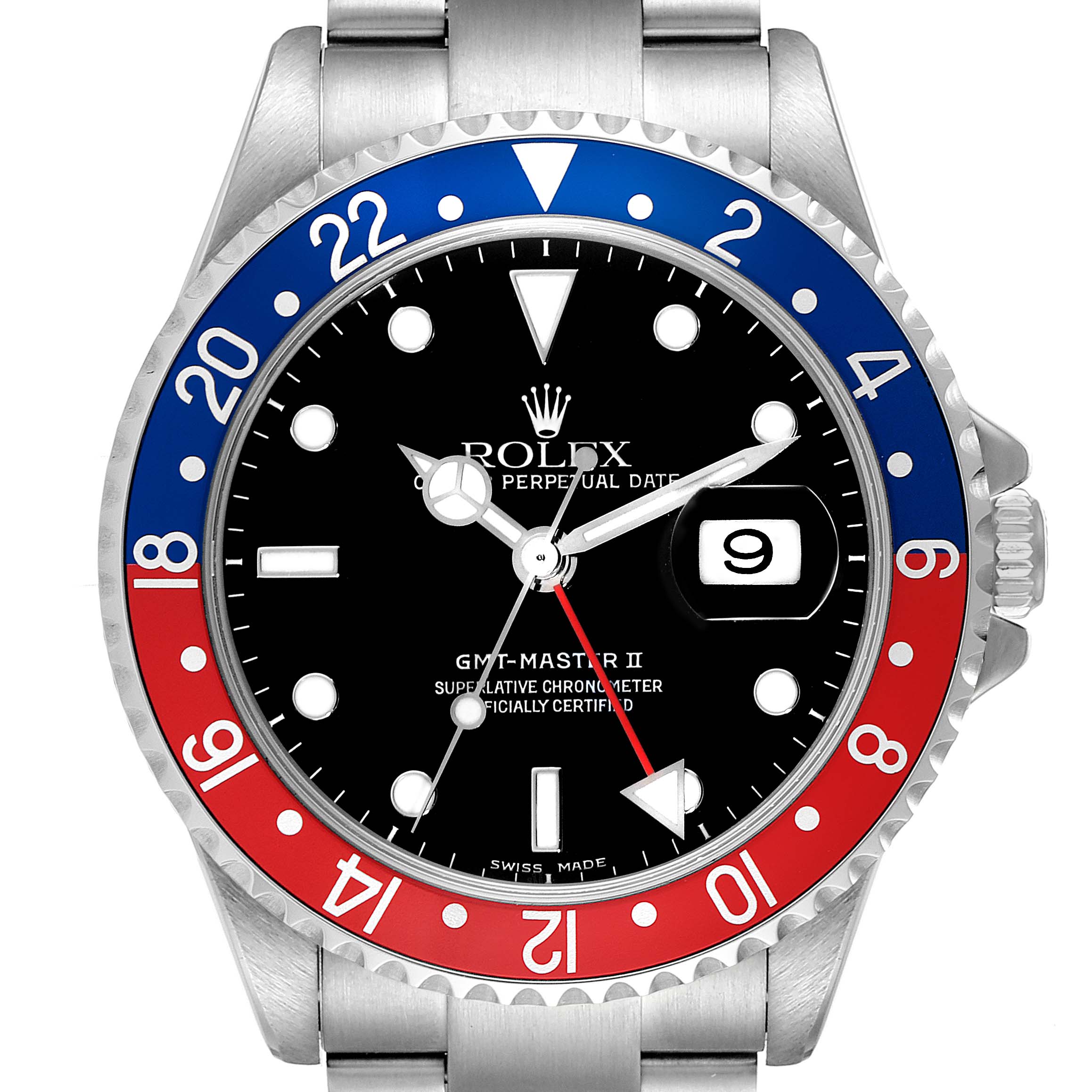 The image shows the front view of a Rolex GMT-Master 16710 Men's Stainless Steel Black Dial 16710 Men's Stainless Steel Black Dial II watch, displaying the dial, hands, date window, and bezel.