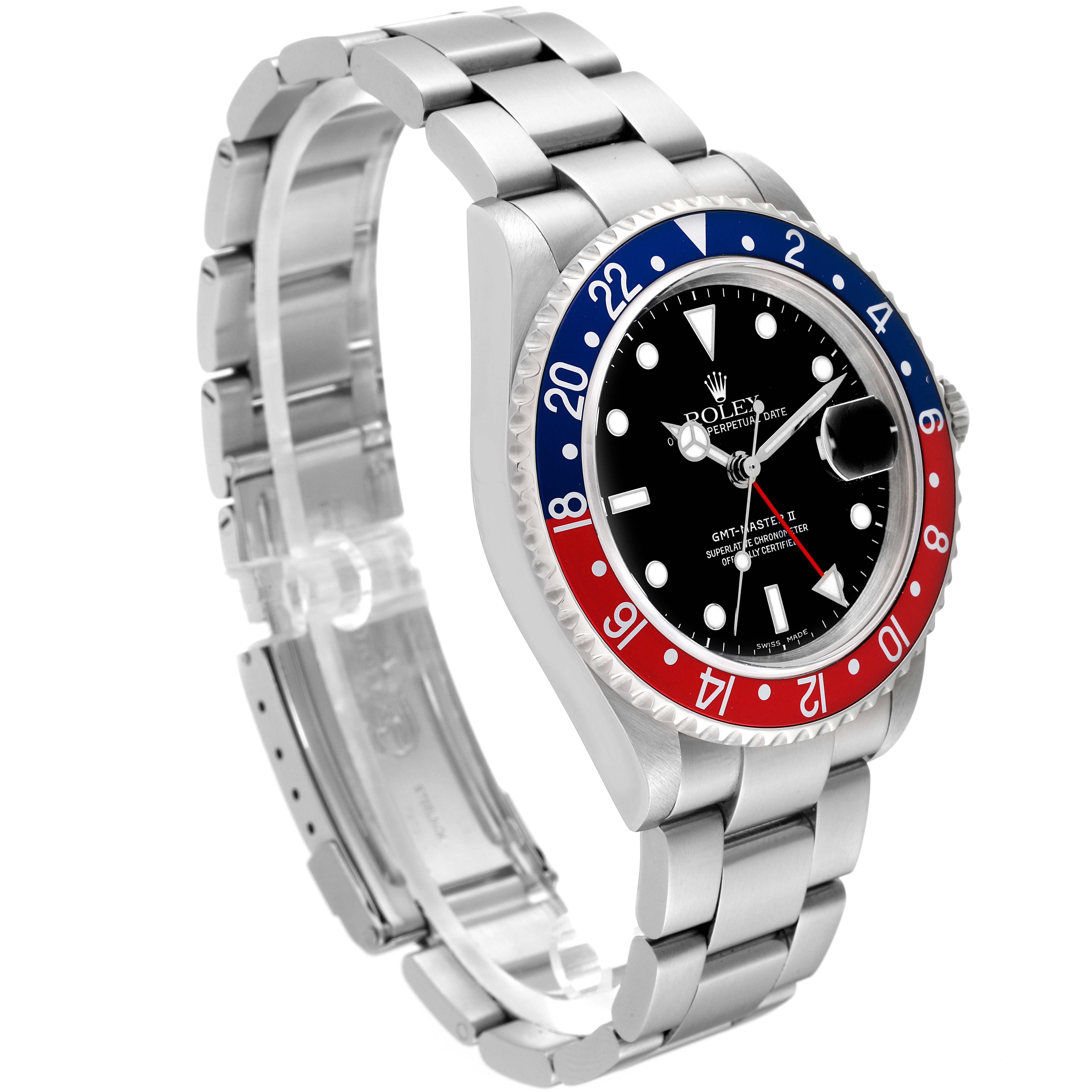 The Rolex GMT-Master 16710 Men's Stainless Steel Black Dial 16710 Men's Stainless Steel Black Dial watch is shown from an angled front view, highlighting the bezel, dial, bracelet, and crown.