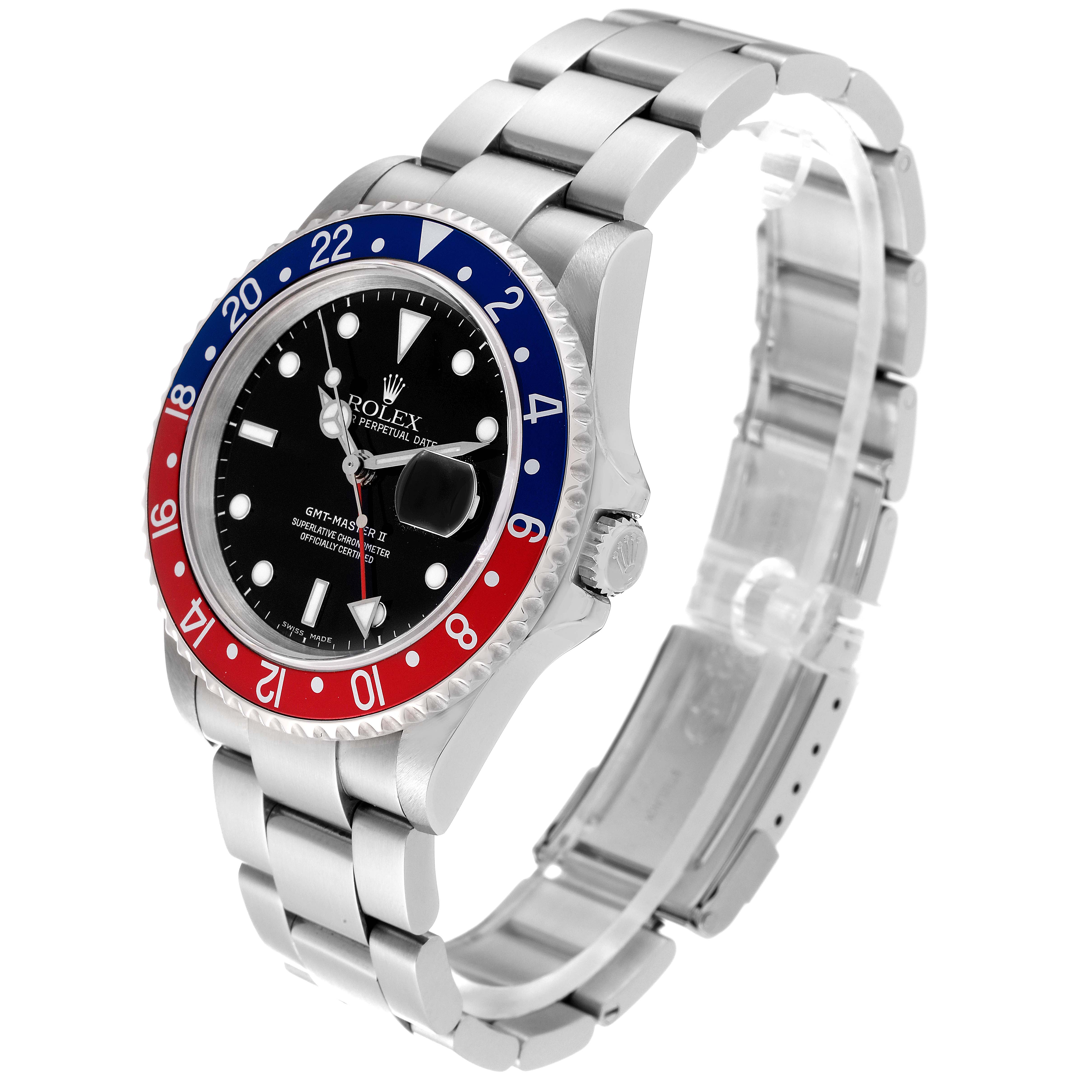 This image shows a Rolex GMT-Master 16710 Men's Stainless Steel Black Dial 16710 Men's Stainless Steel Black Dial II watch at an angle highlighting its face, bezel, crown, and bracelet.
