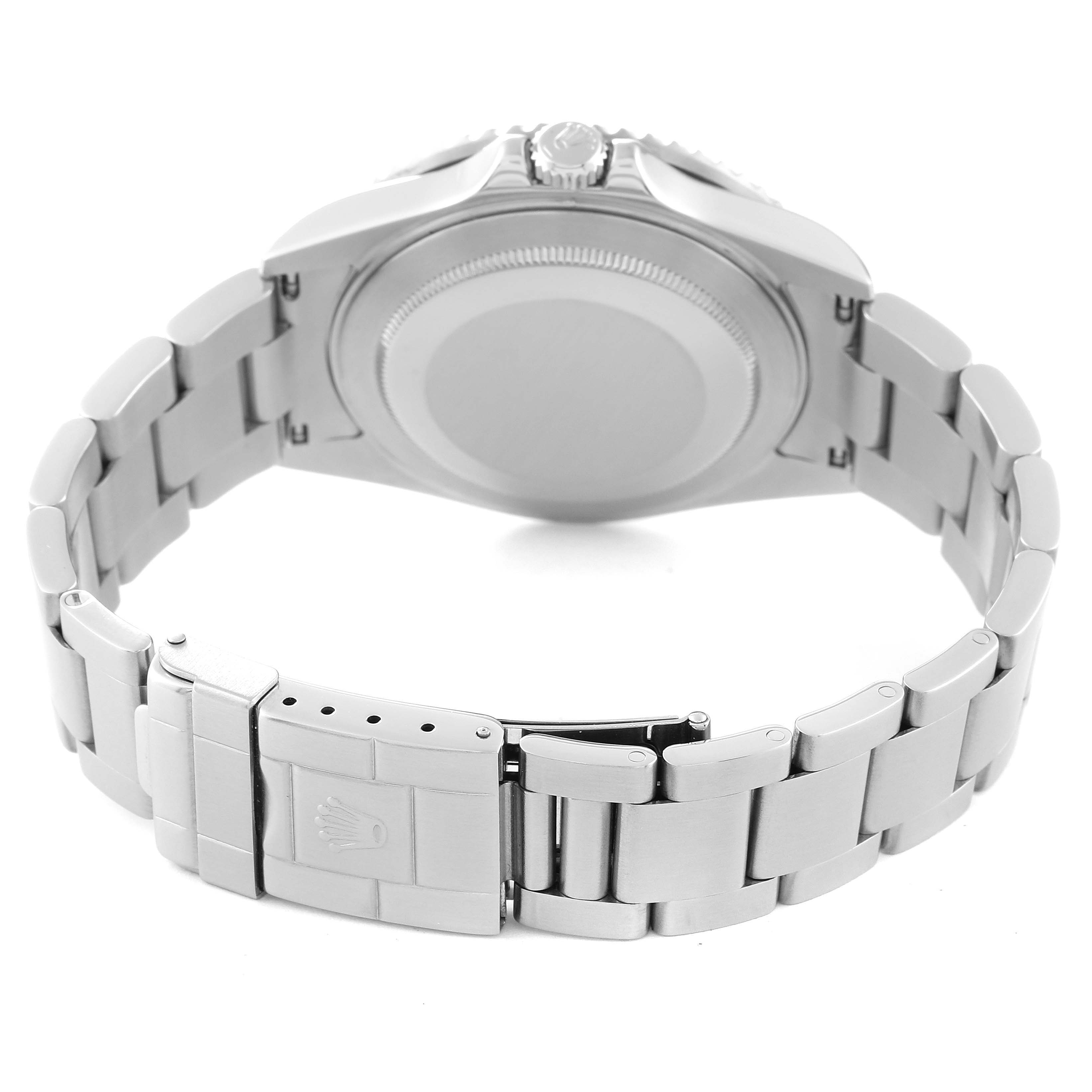 The image shows the backside and bracelet clasp of a Rolex GMT-Master 16710 Men's Stainless Steel Black Dial 16710 Men's Stainless Steel Black Dial watch from a rear view angle.