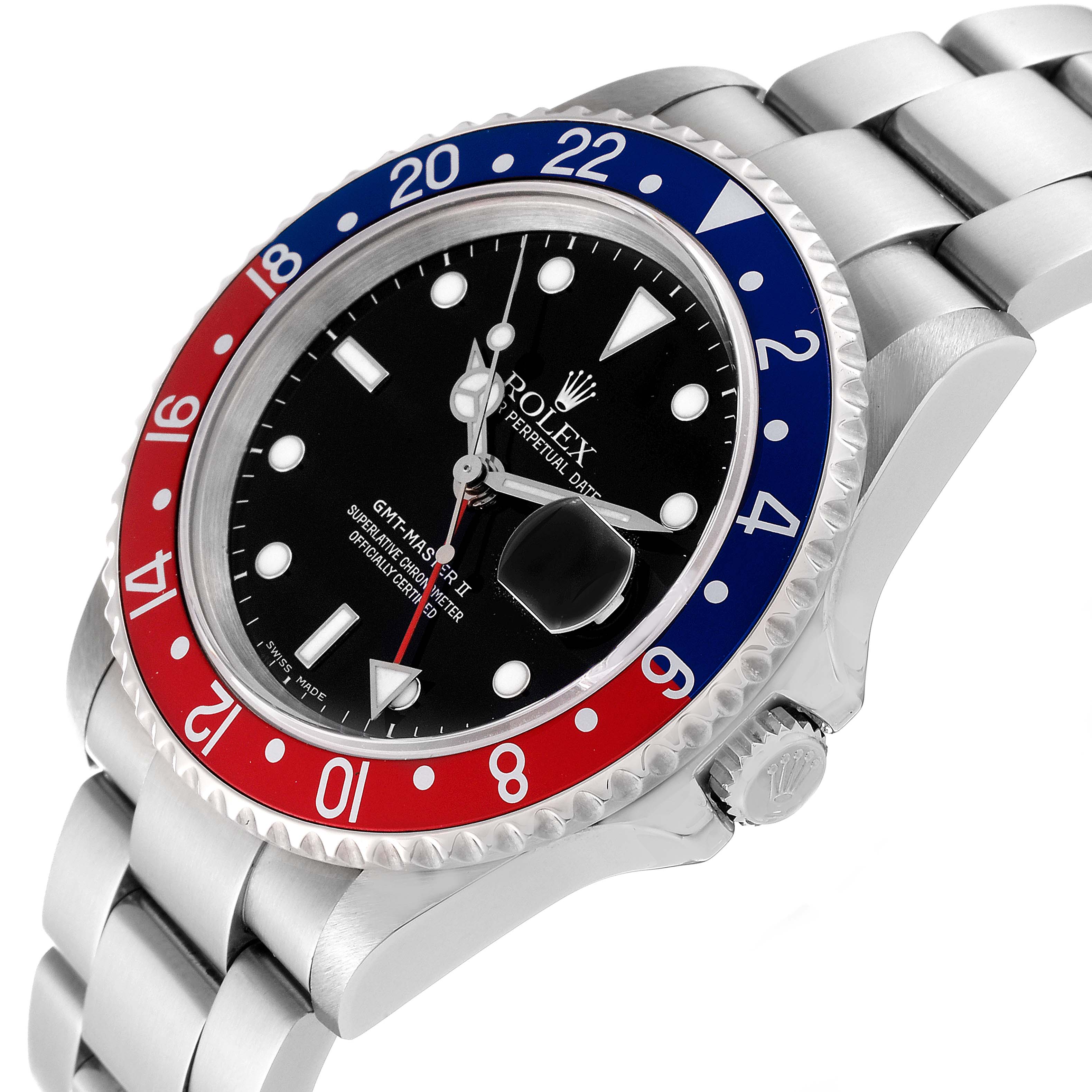 The image shows a close-up, side angle of the Rolex GMT-Master 16710 Men's Stainless Steel Black Dial 16710 Men's Stainless Steel Black Dial II watch, highlighting its bi-color bezel and bracelet.