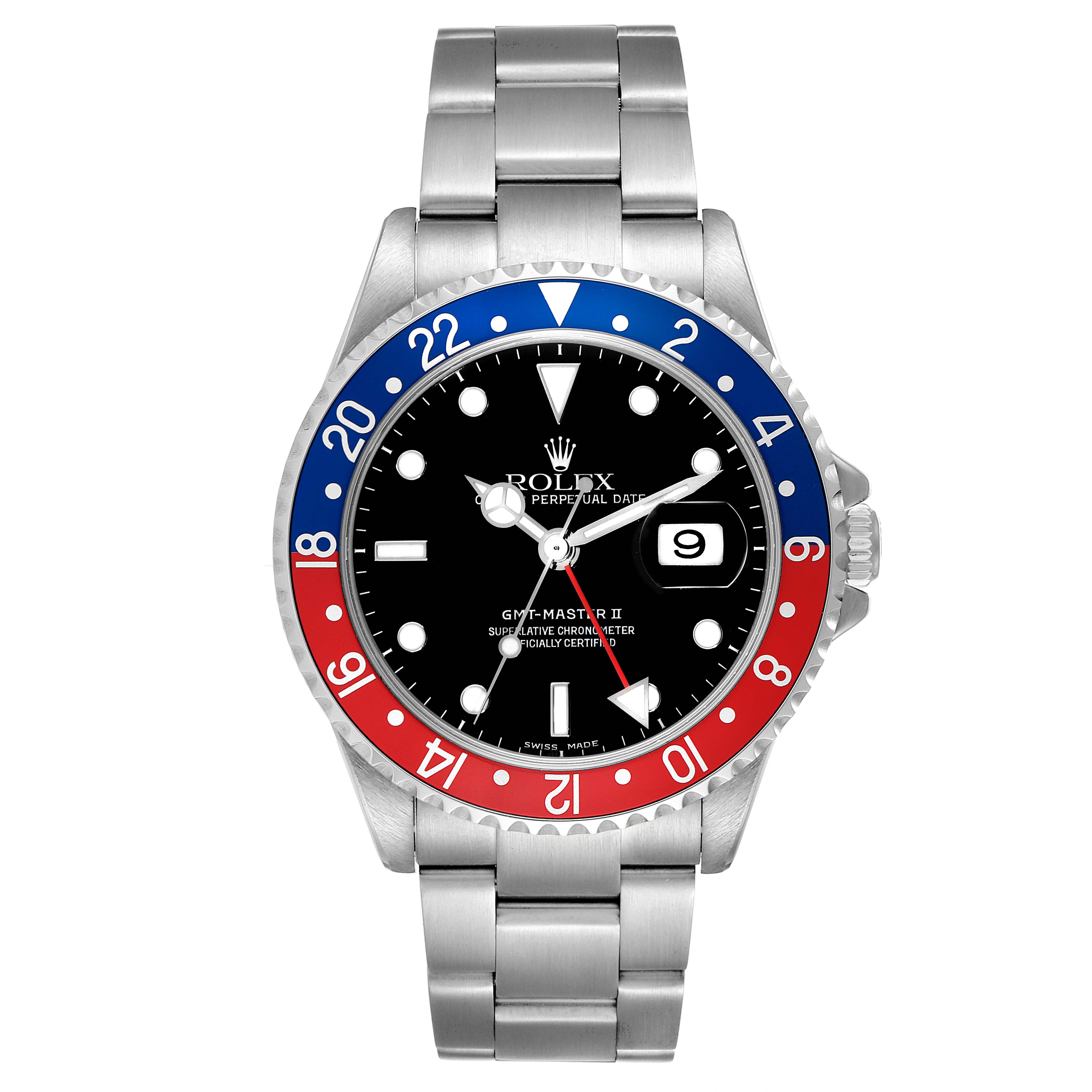 The image shows a front view of the Rolex GMT-Master 16710 Men's Stainless Steel Black Dial 16710 Men's Stainless Steel Black Dial II watch with a stainless steel bracelet and a black dial.