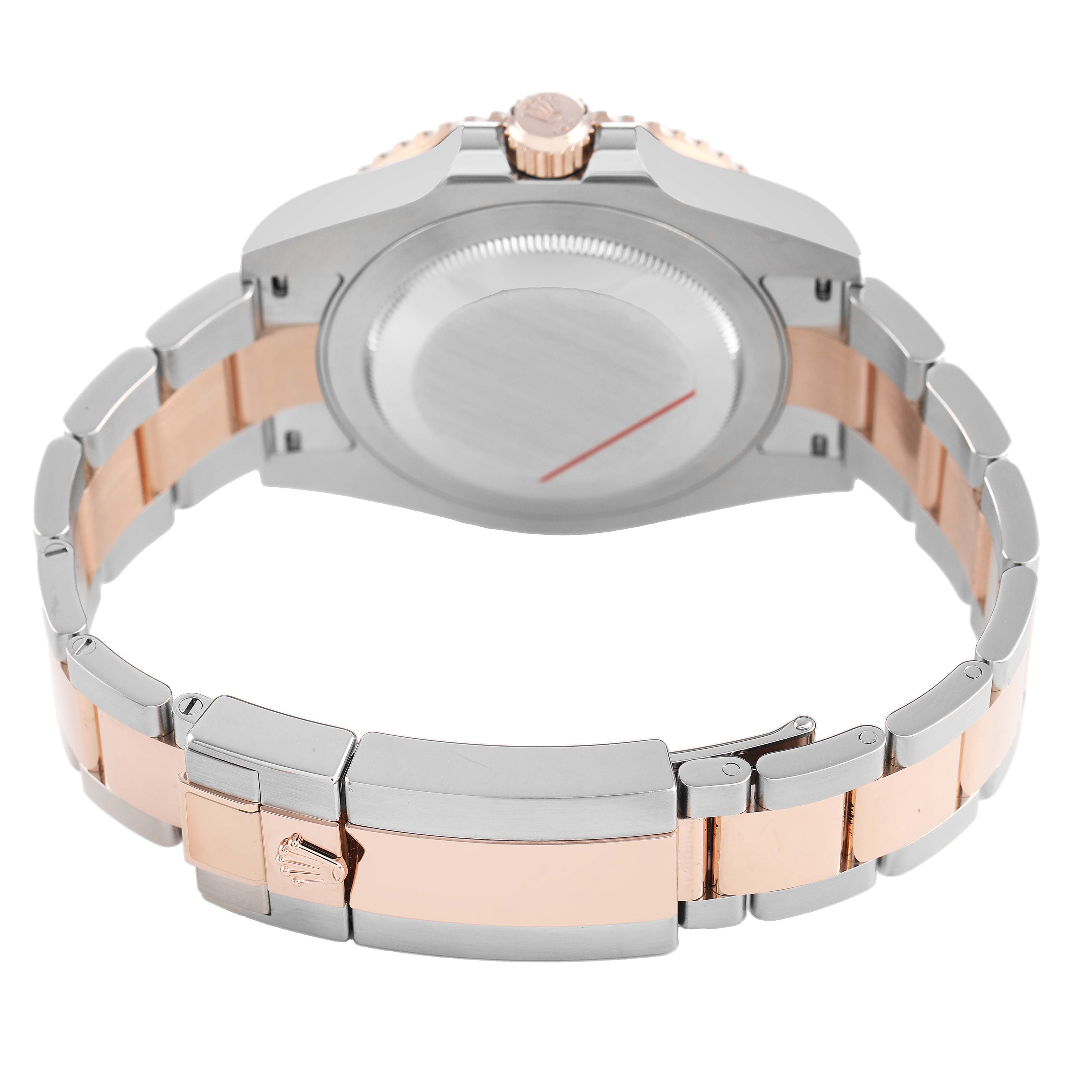 The image shows the back of a Rolex GMT-Master 126711 Men's Steel and Gold (two tone) Black Dial, highlighting the case back and two-tone metal bracelet.