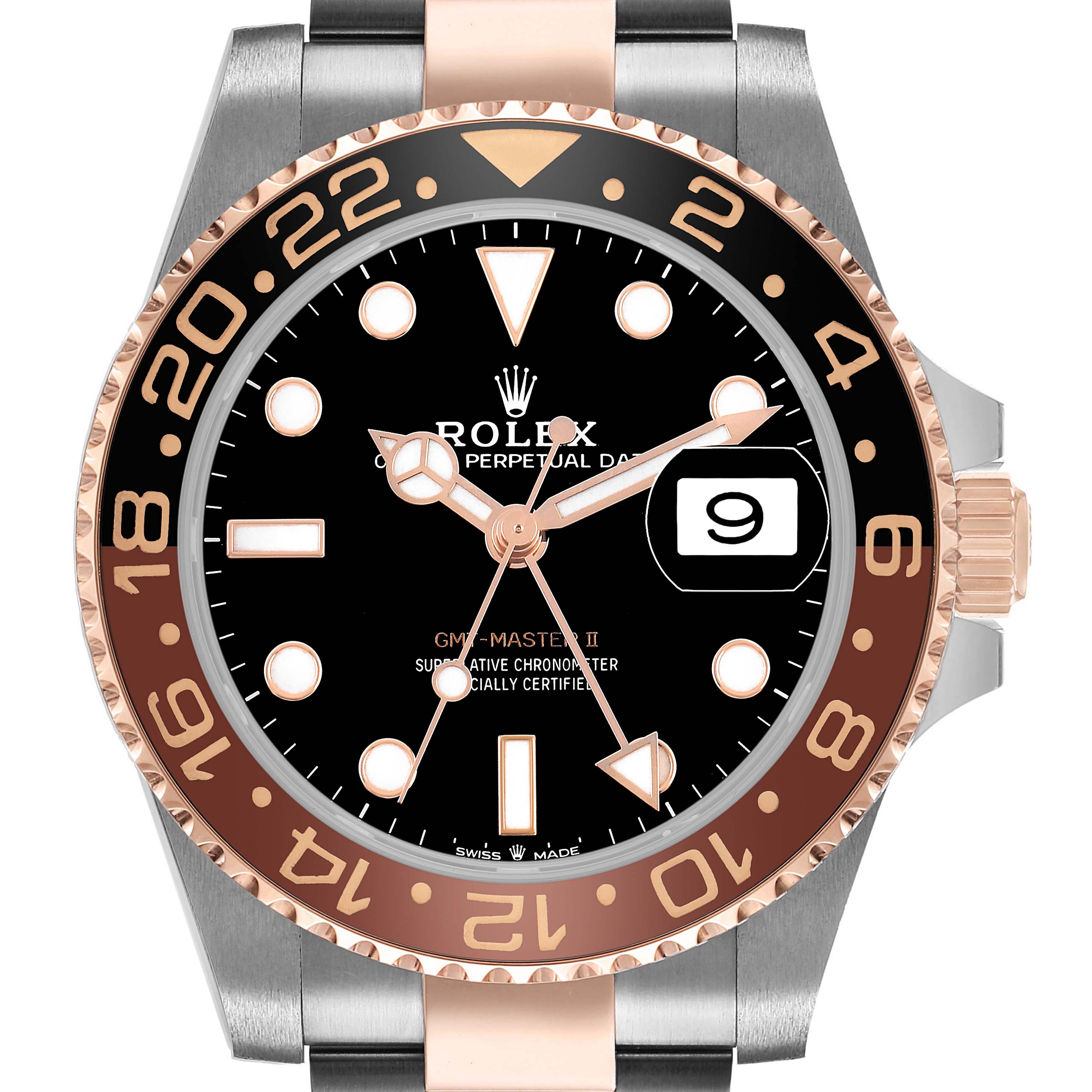 The Rolex GMT-Master 126711 Men's Steel and Gold (two tone) Black Dial watch is shown from the front, displaying the bezel, dial, hands, and date window.