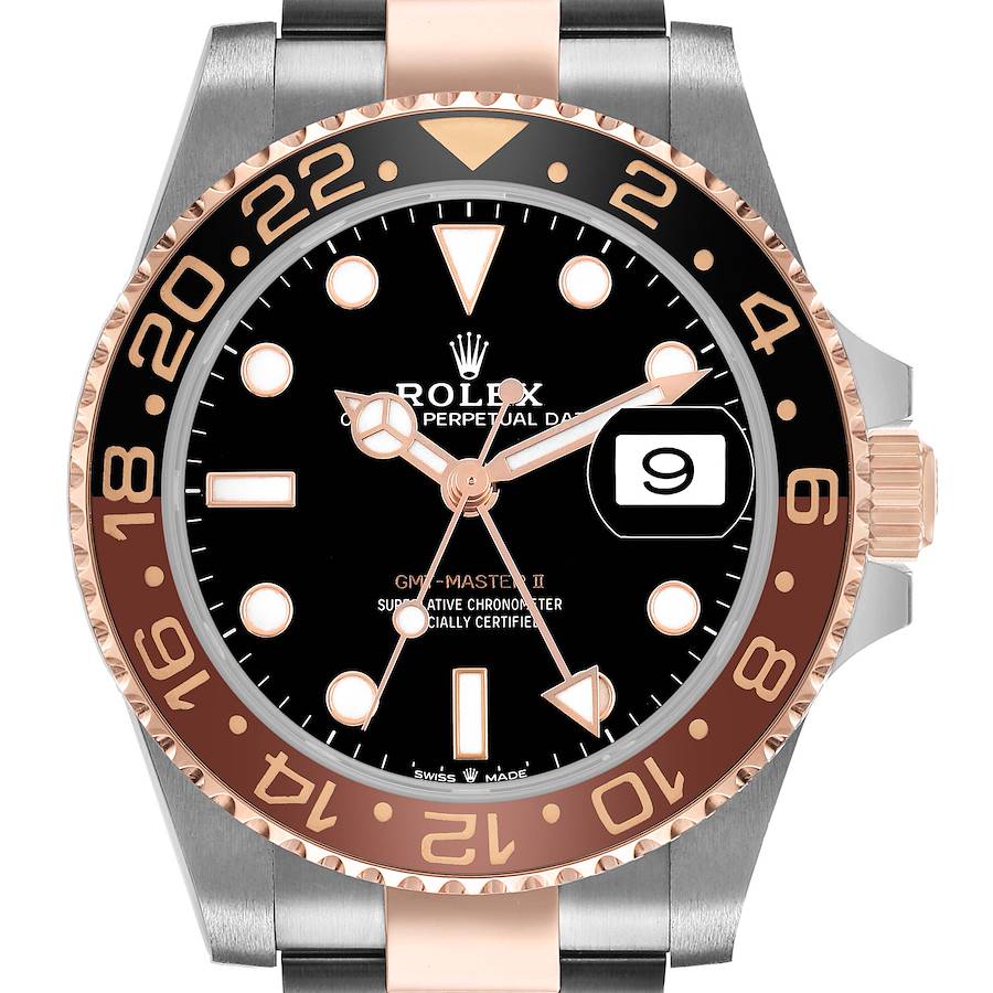The Rolex GMT-Master 126711 Men's Steel and Gold (two tone) Black Dial watch is shown from the front, displaying the bezel, dial, hands, and date window.