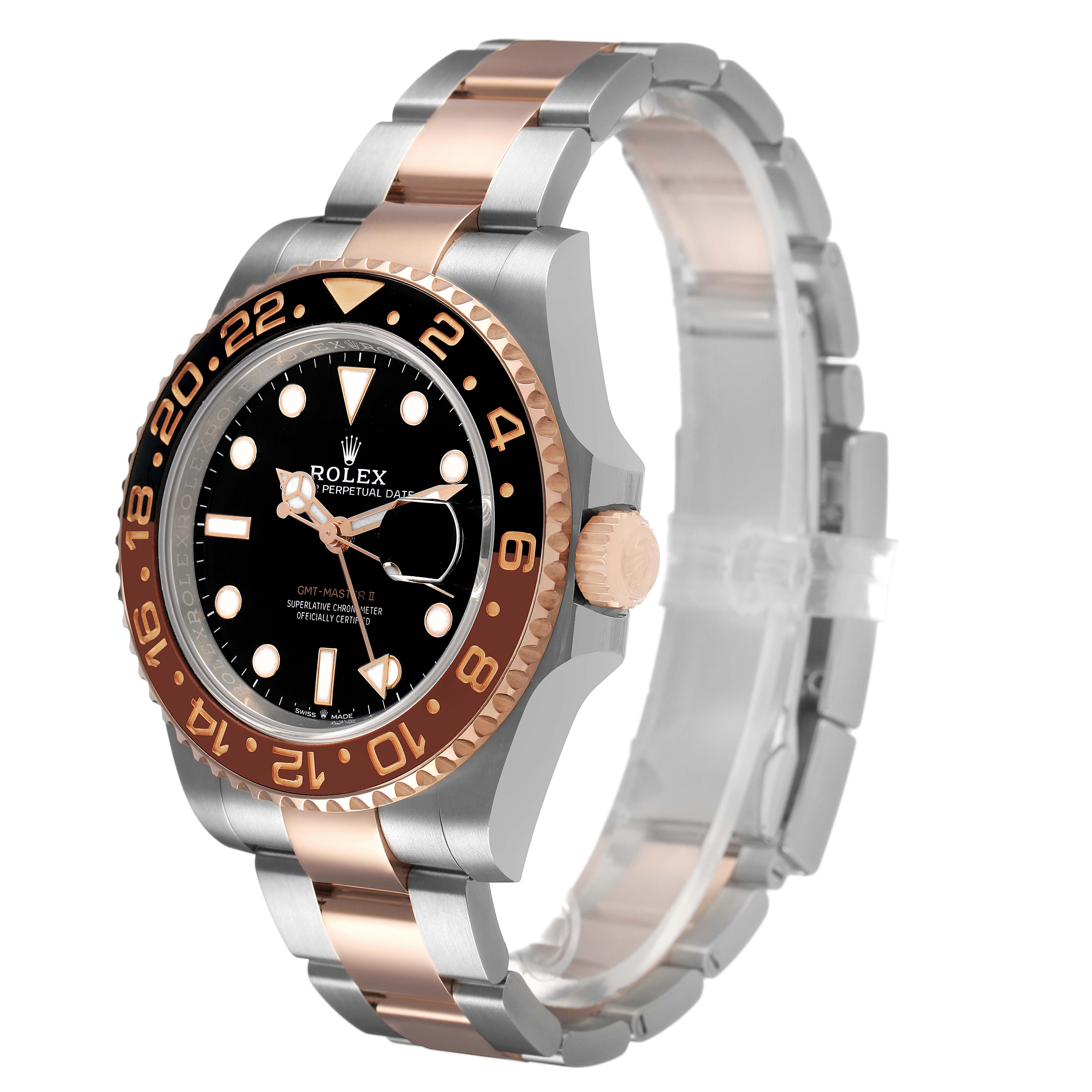 The Rolex GMT-Master 126711 Men's Steel and Gold (two tone) Black Dial watch is shown at a three-quarter angle, featuring the dial, bezel, crown, and bracelet.