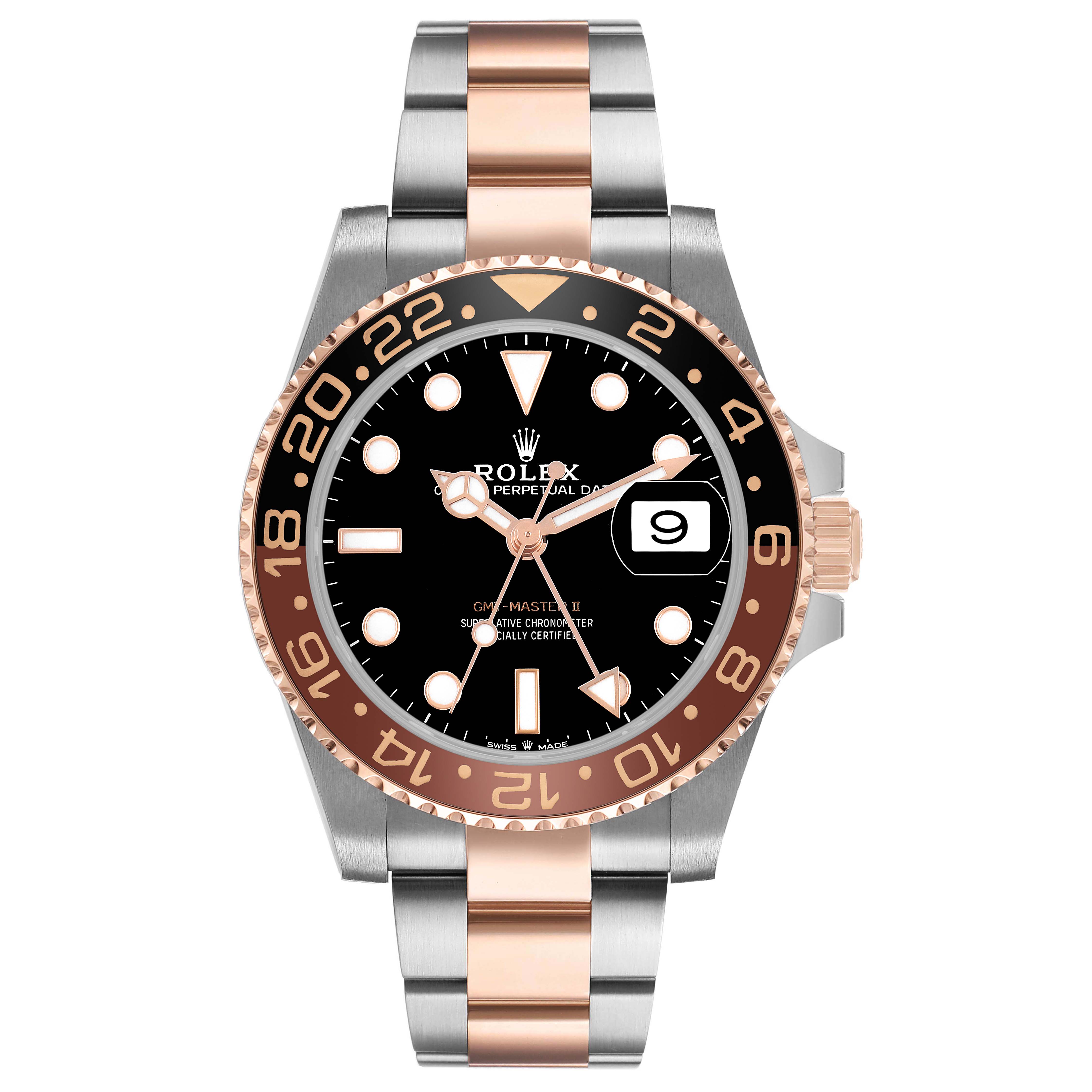 The Rolex GMT-Master 126711 Men's Steel and Gold (two tone) Black Dial watch is shown from a front view, highlighting the dial, bezel, and two-tone bracelet.
