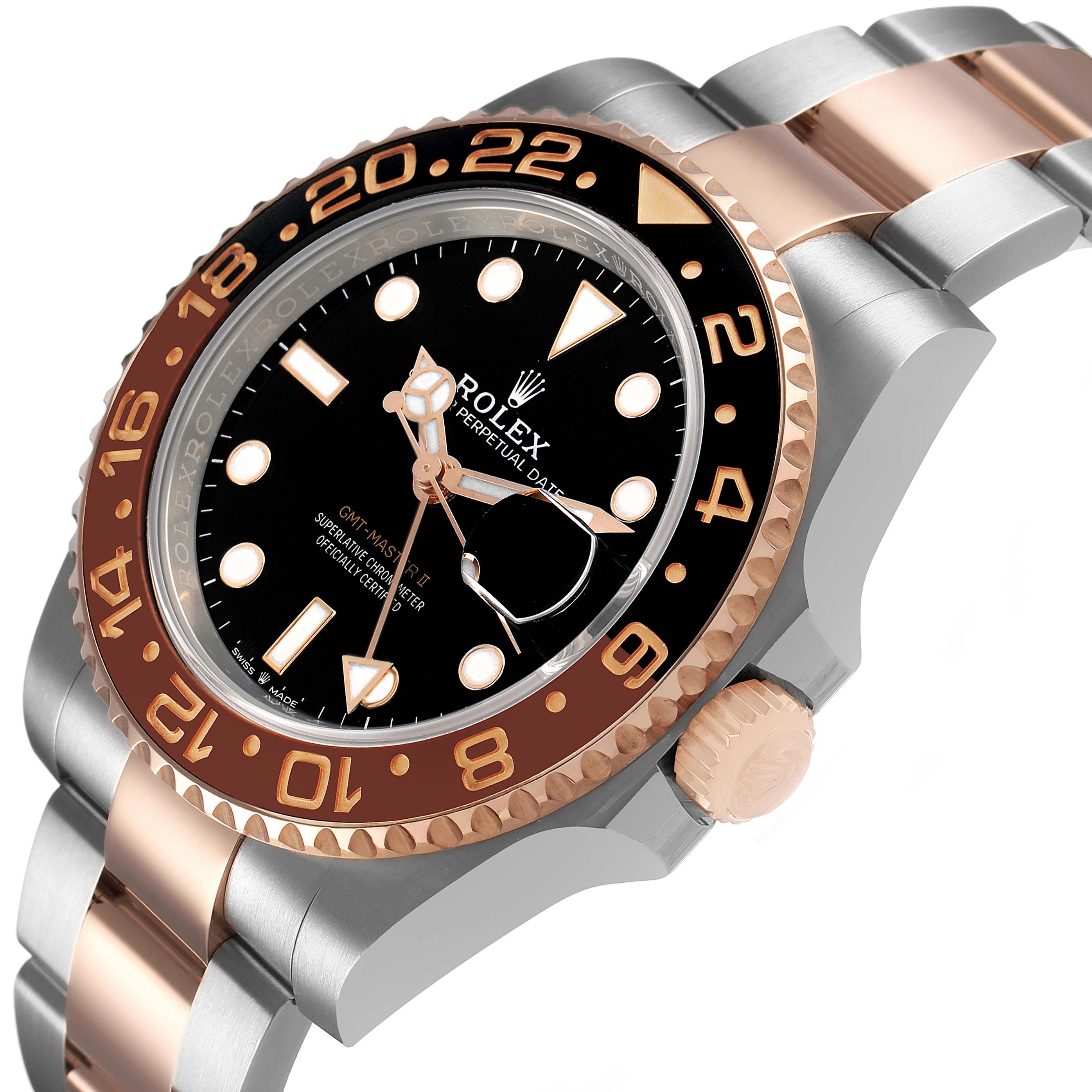 The image shows a close-up angle of a Rolex GMT-Master 126711 Men's Steel and Gold (two tone) Black Dial with a focus on the bezel, dial, and part of the bracelet.