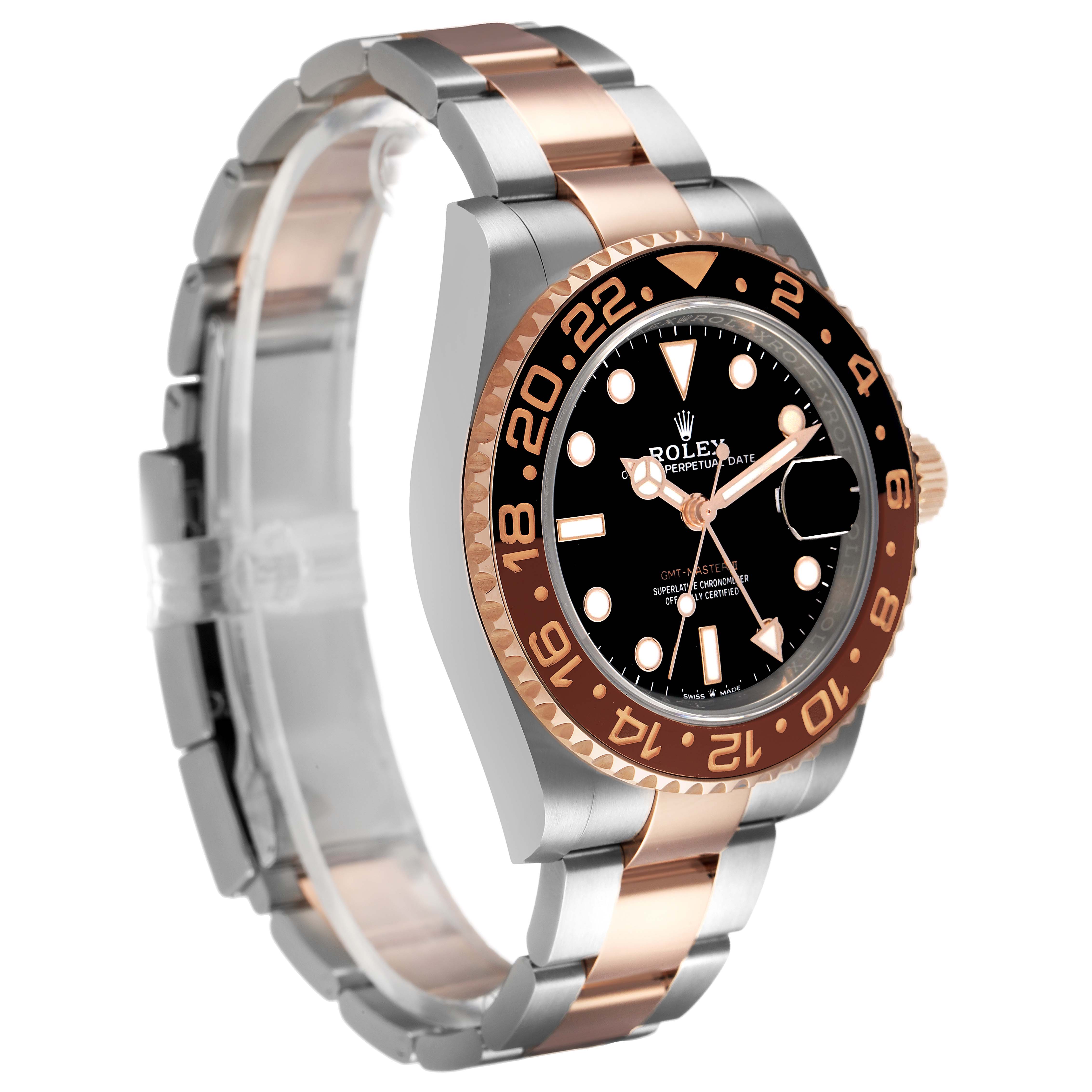 The Rolex GMT-Master 126711 Men's Steel and Gold (two tone) Black Dial watch is shown at a three-quarter angle, highlighting the bezel, dial, and two-tone bracelet.