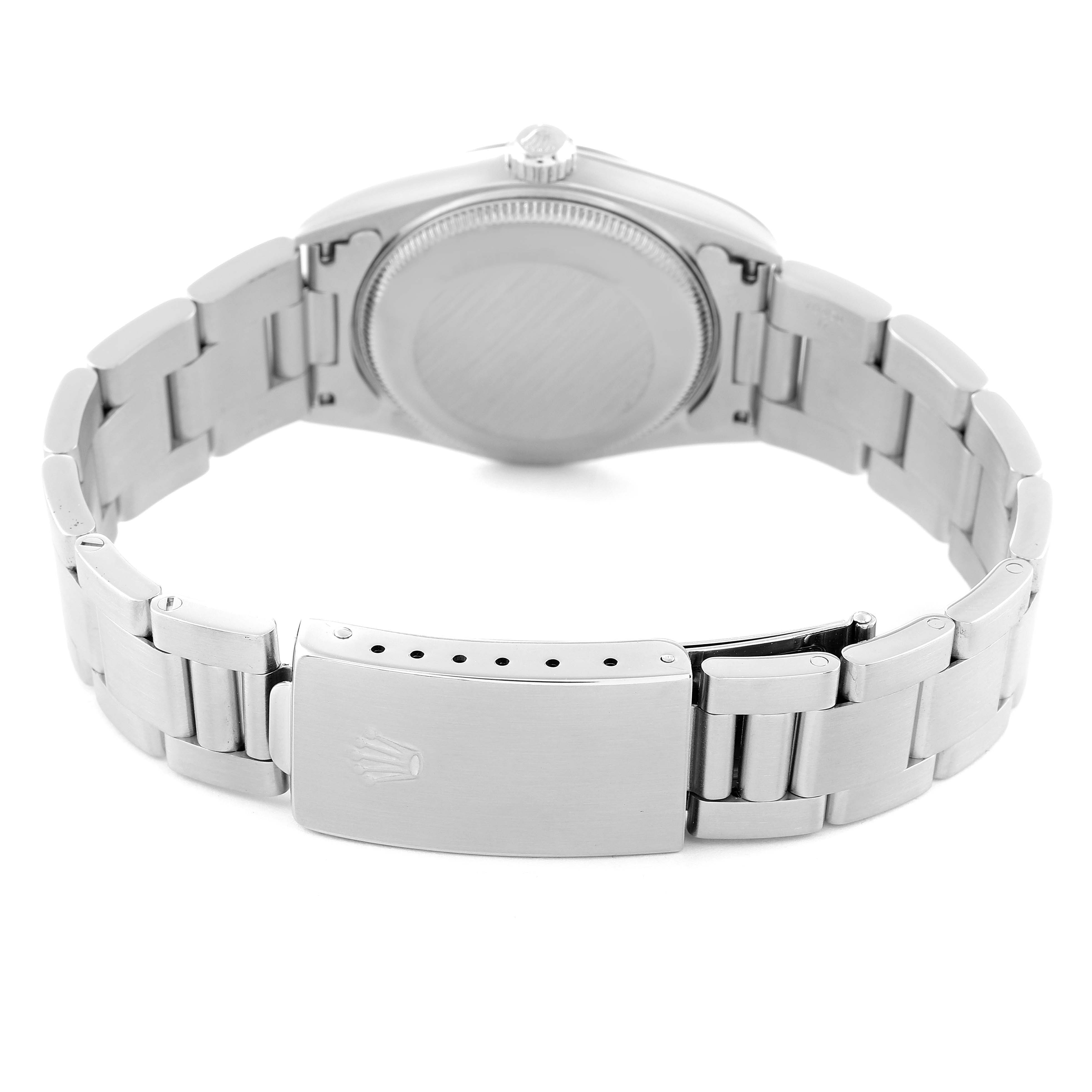 This image shows the back case and metal bracelet clasp of a Rolex Mid-Size 77080 Women
s Stainless Steel Pink Dial 77080 Women
s Stainless Steel Pink Dial watch.