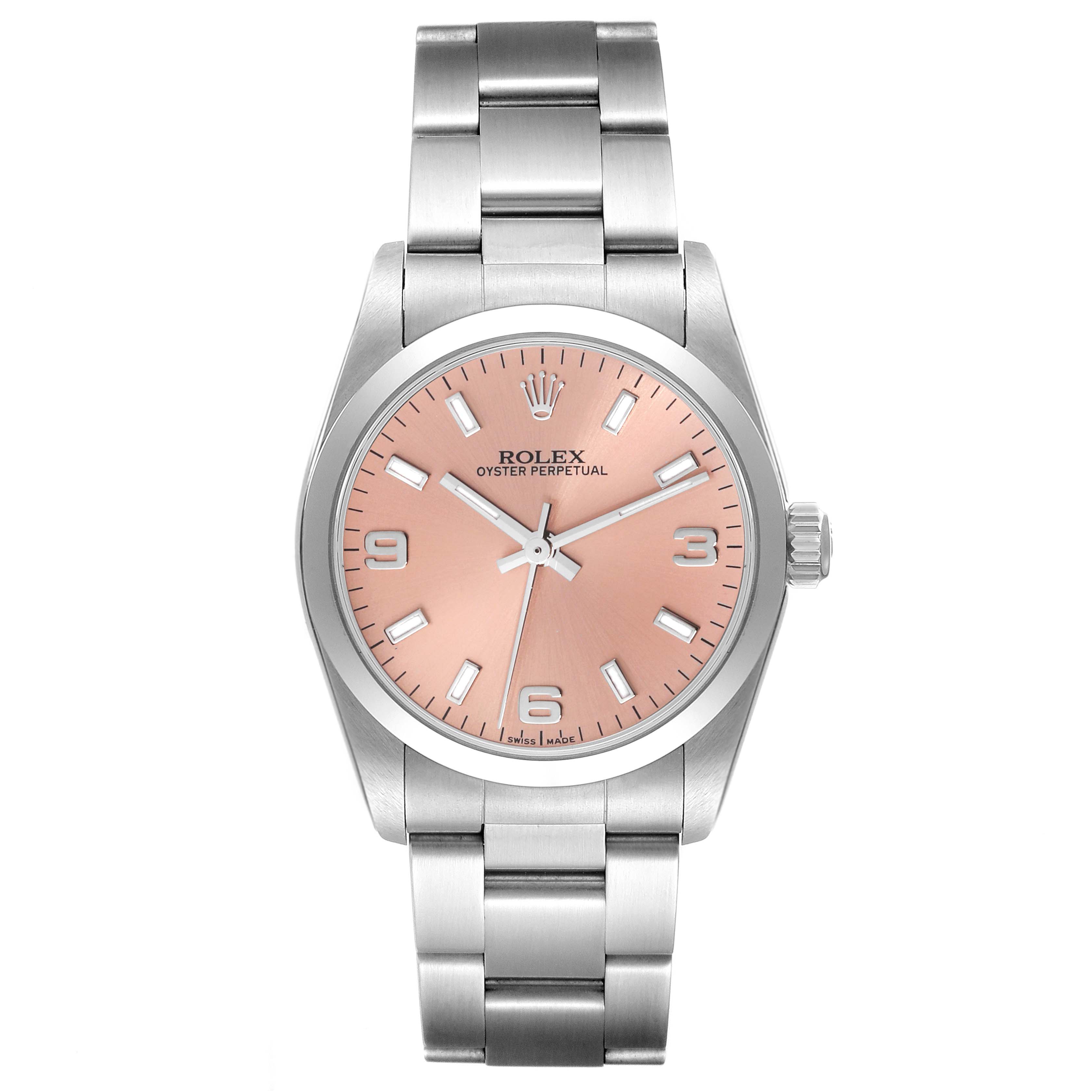 This image shows a front view of a mid-size Rolex Oyster Perpetual watch with a pink dial and silver band.