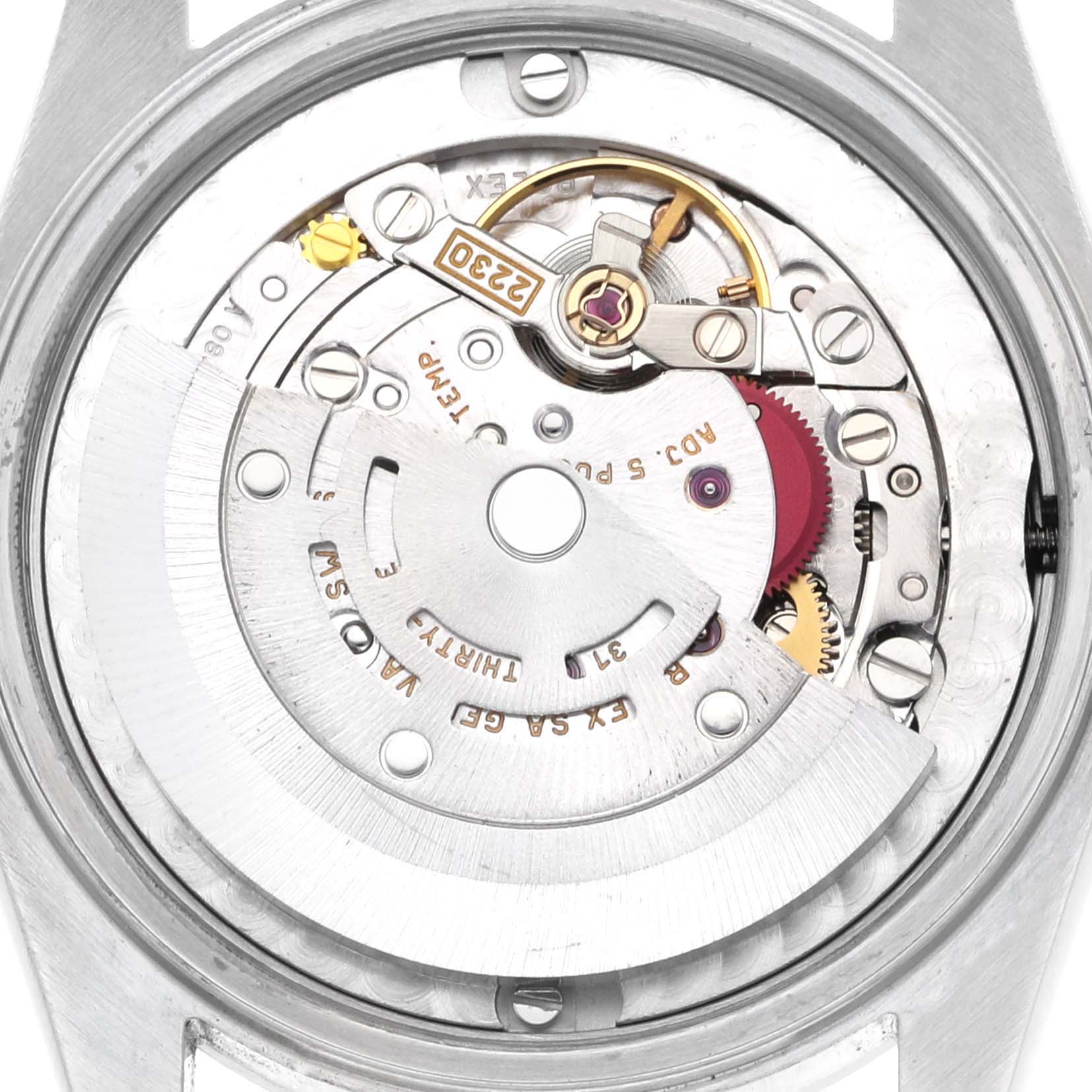 The image shows the inner mechanical movement of a Rolex Mid-Size 77080 Women's Stainless Steel Pink Dial 77080 Women's Stainless Steel Pink Dial model watch, viewed from the back with the case back removed.