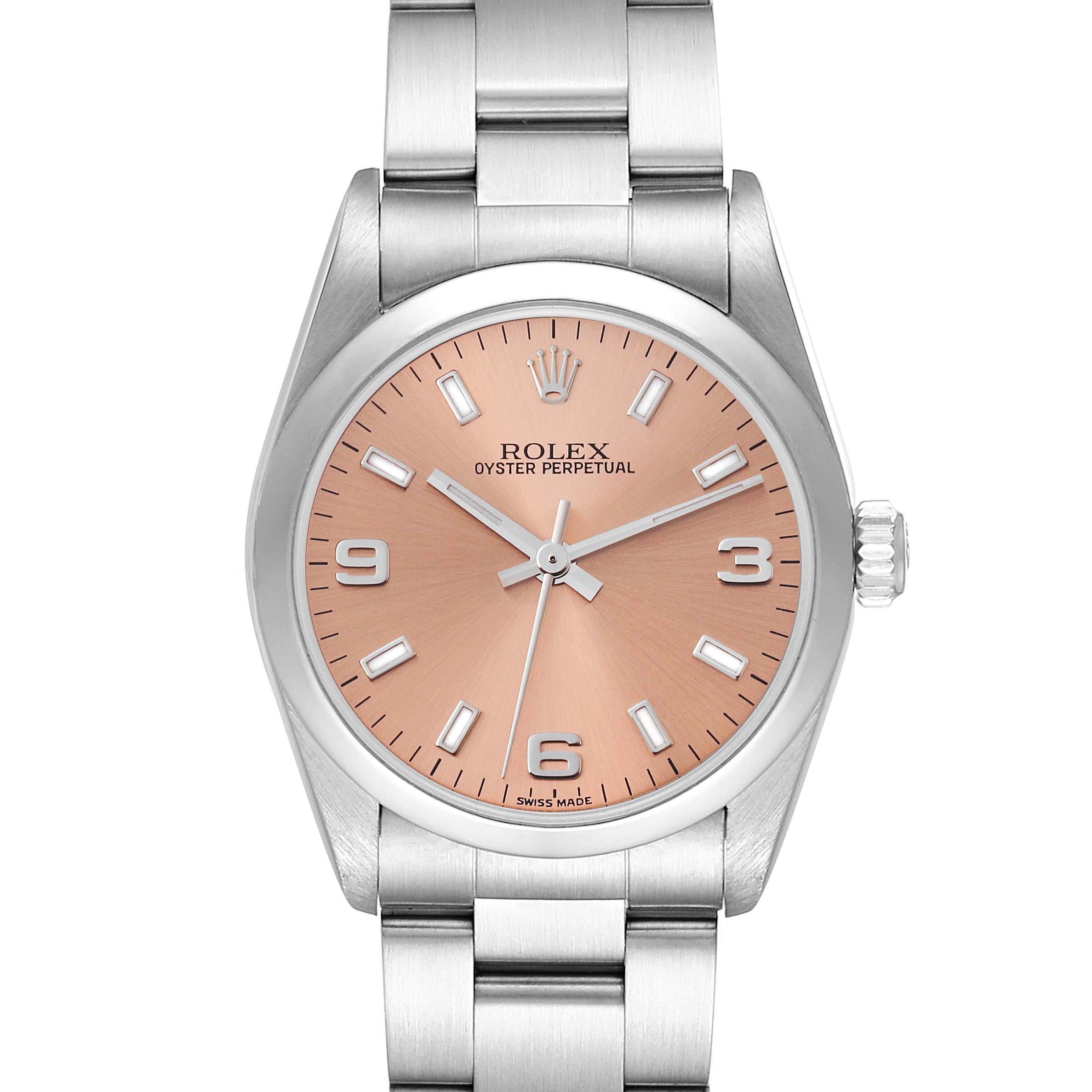 This image shows a top-down view of the Rolex Oyster Perpetual Mid-Size model, displaying the watch face and bracelet.