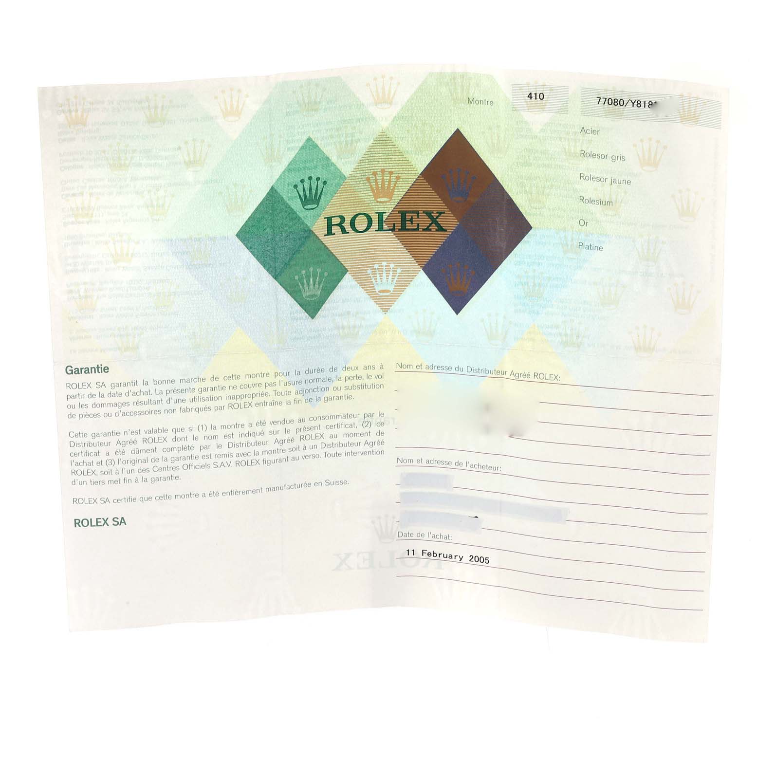 This image shows a warranty card for a Mid-Size Rolex model, detailing materials, purchase date, and seller/owner fields.