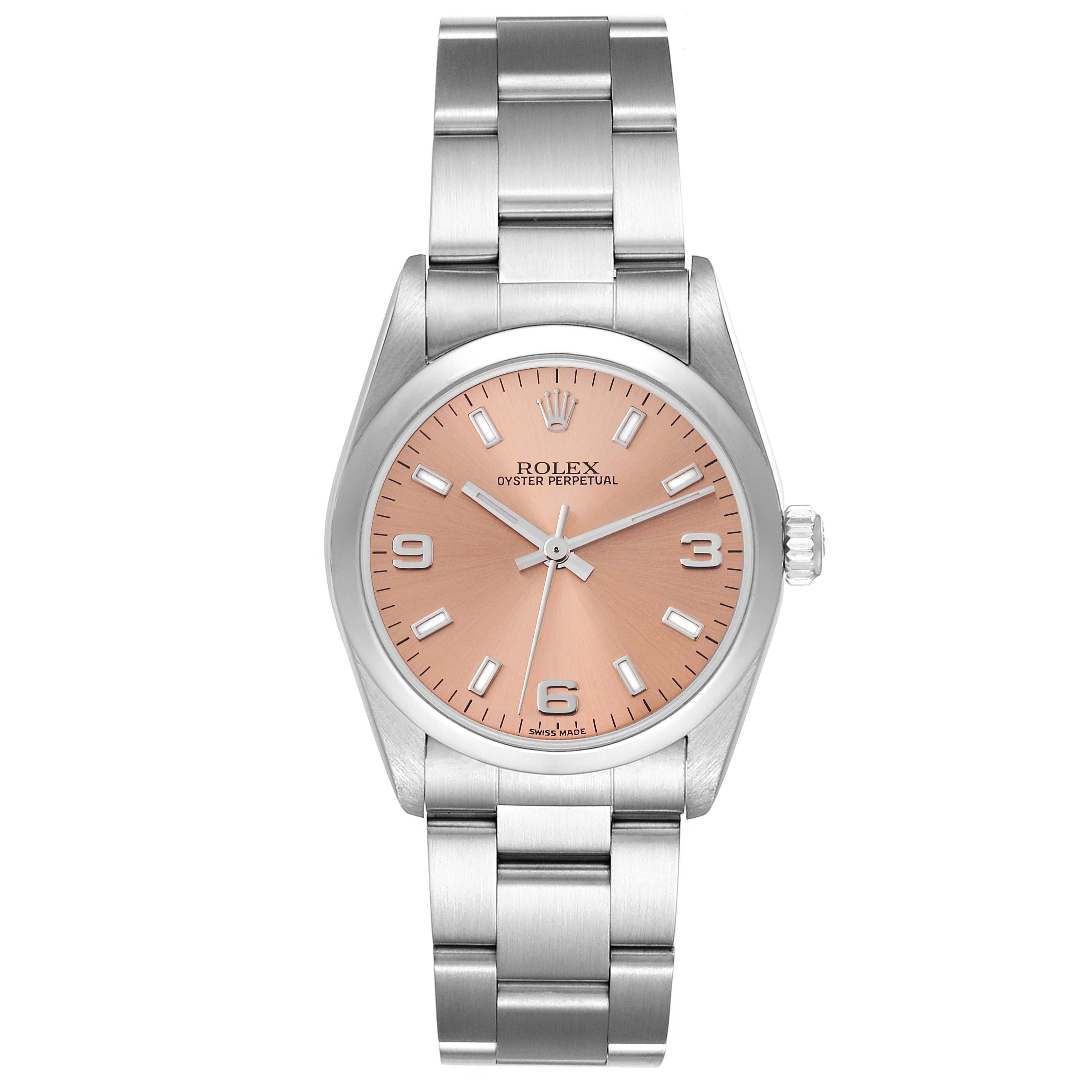 The image shows a front view of a Mid-Size Rolex Oyster Perpetual watch with a pink dial and silver bracelet.