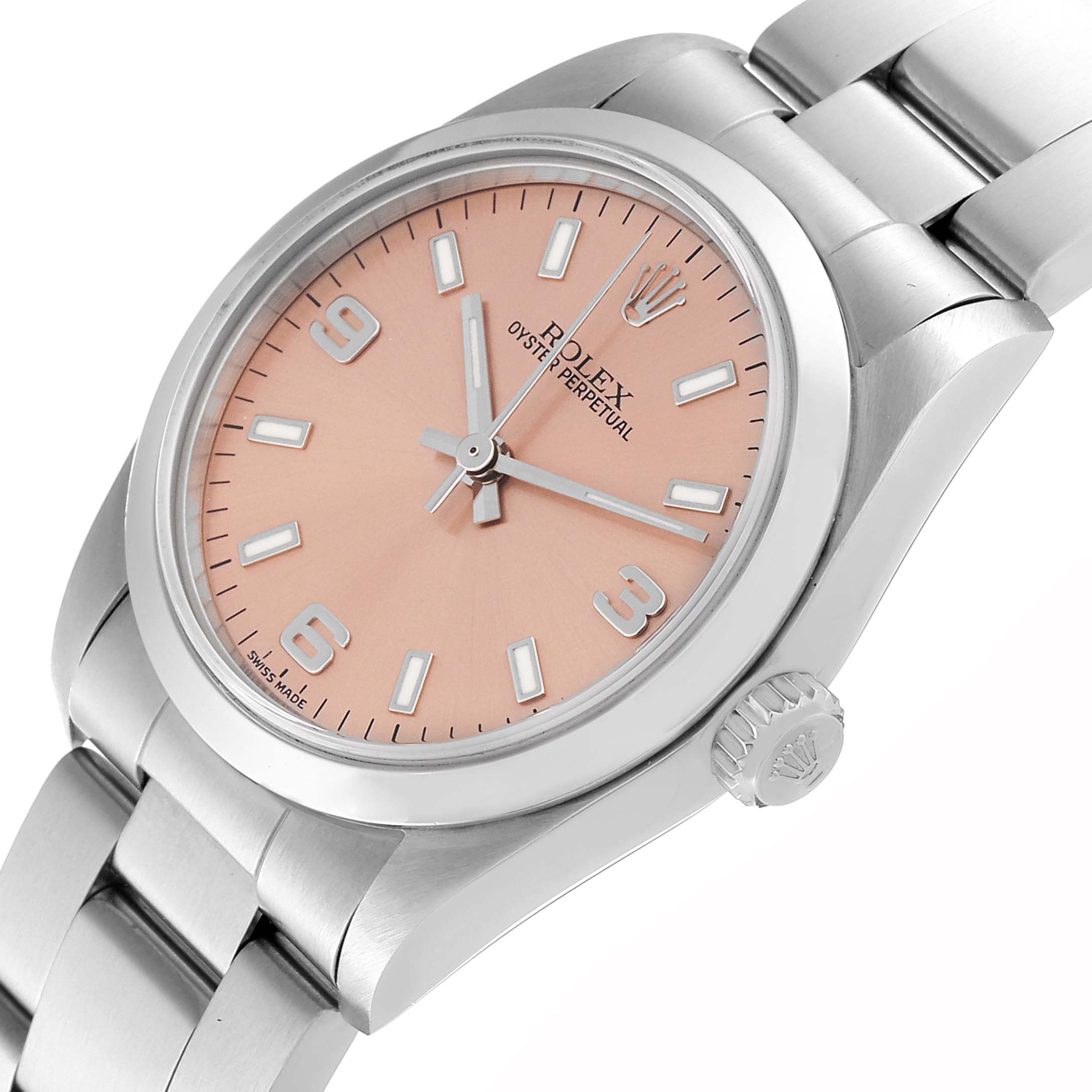 This image shows a Rolex Oyster Perpetual Mid-Size watch at a tilted angle, highlighting the pink dial, hands, crown, and part of the bracelet.