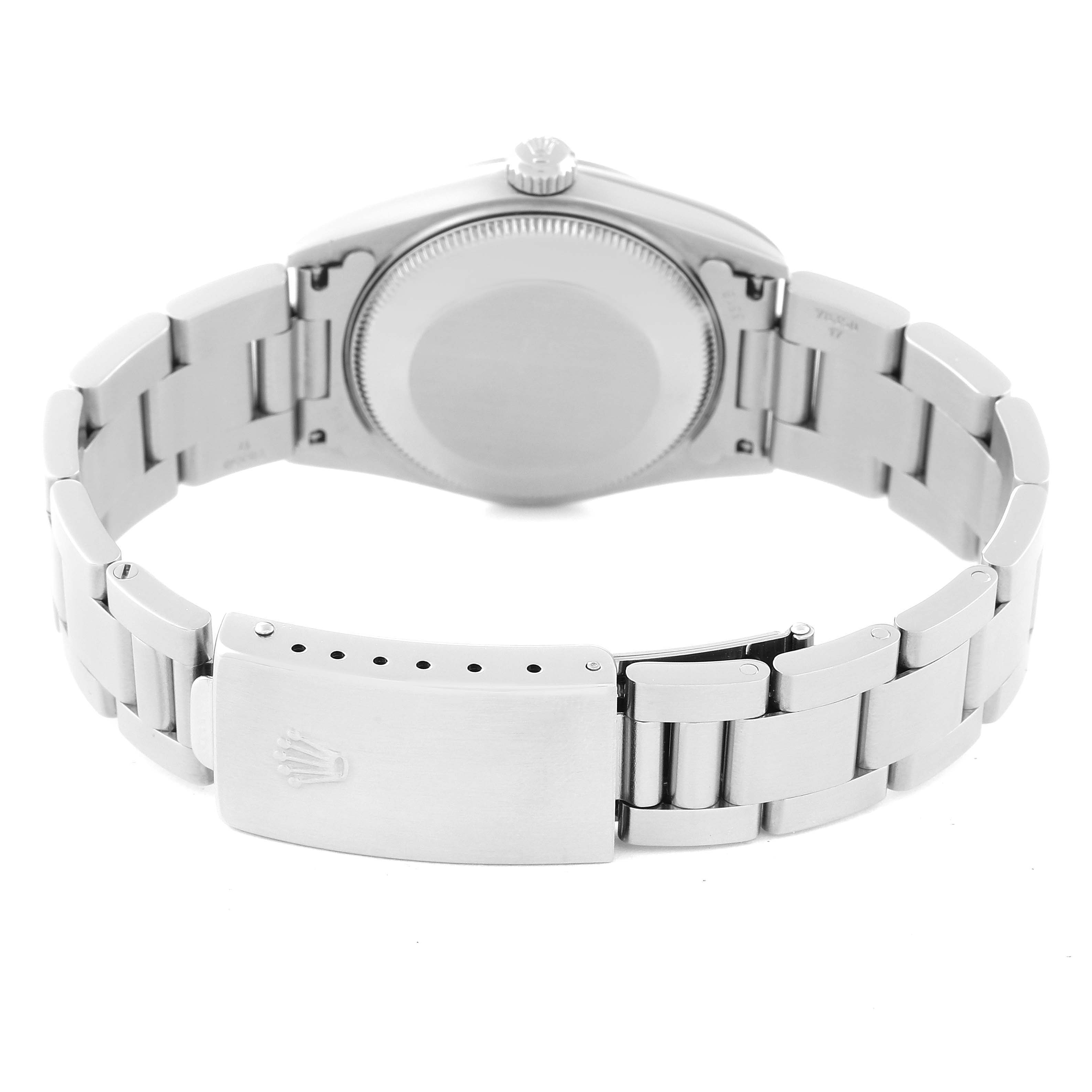 This image shows the back of a mid-size Rolex watch, highlighting the bracelet and clasp from a rear angle.