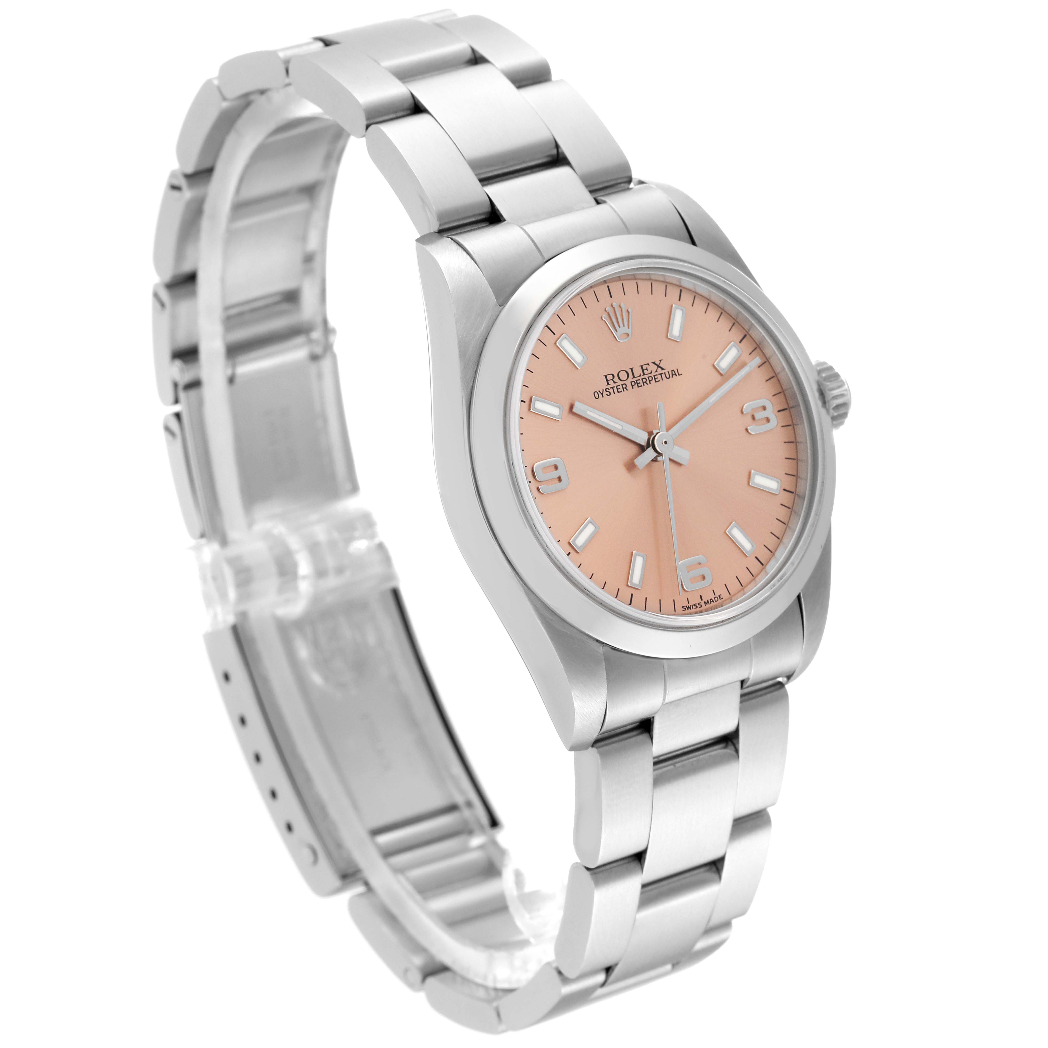 The image shows a Rolex Mid-Size 77080 Women's Stainless Steel Pink Dial 77080 Women's Stainless Steel Pink Dial Oyster Perpetual watch angled to display its face, bezel, and bracelet.