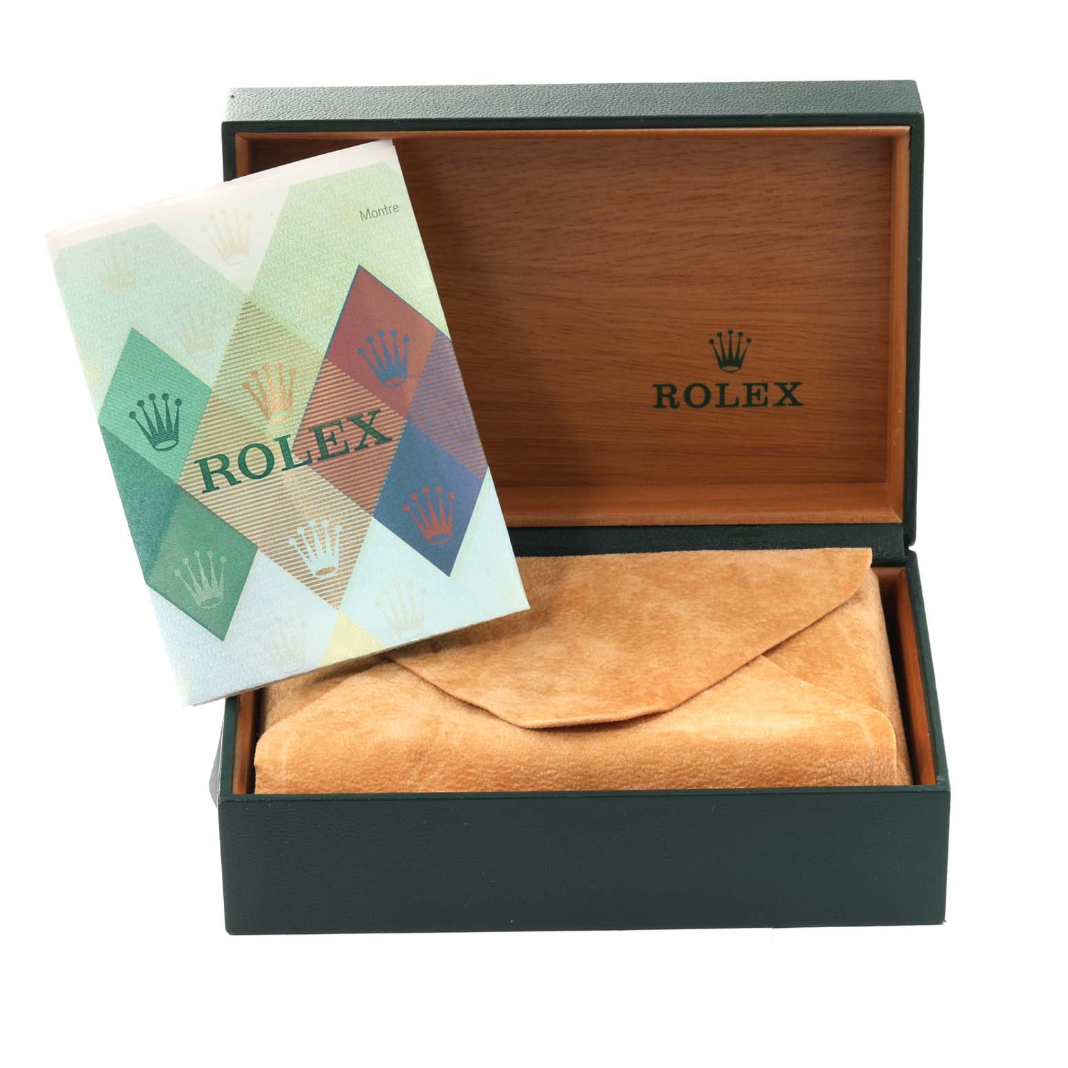 The image shows a Rolex Mid-Size 77080 Women's Stainless Steel Pink Dial 77080 Women's Stainless Steel Pink Dial watch box with an instruction booklet and a pouch inside, all viewed from the front.
