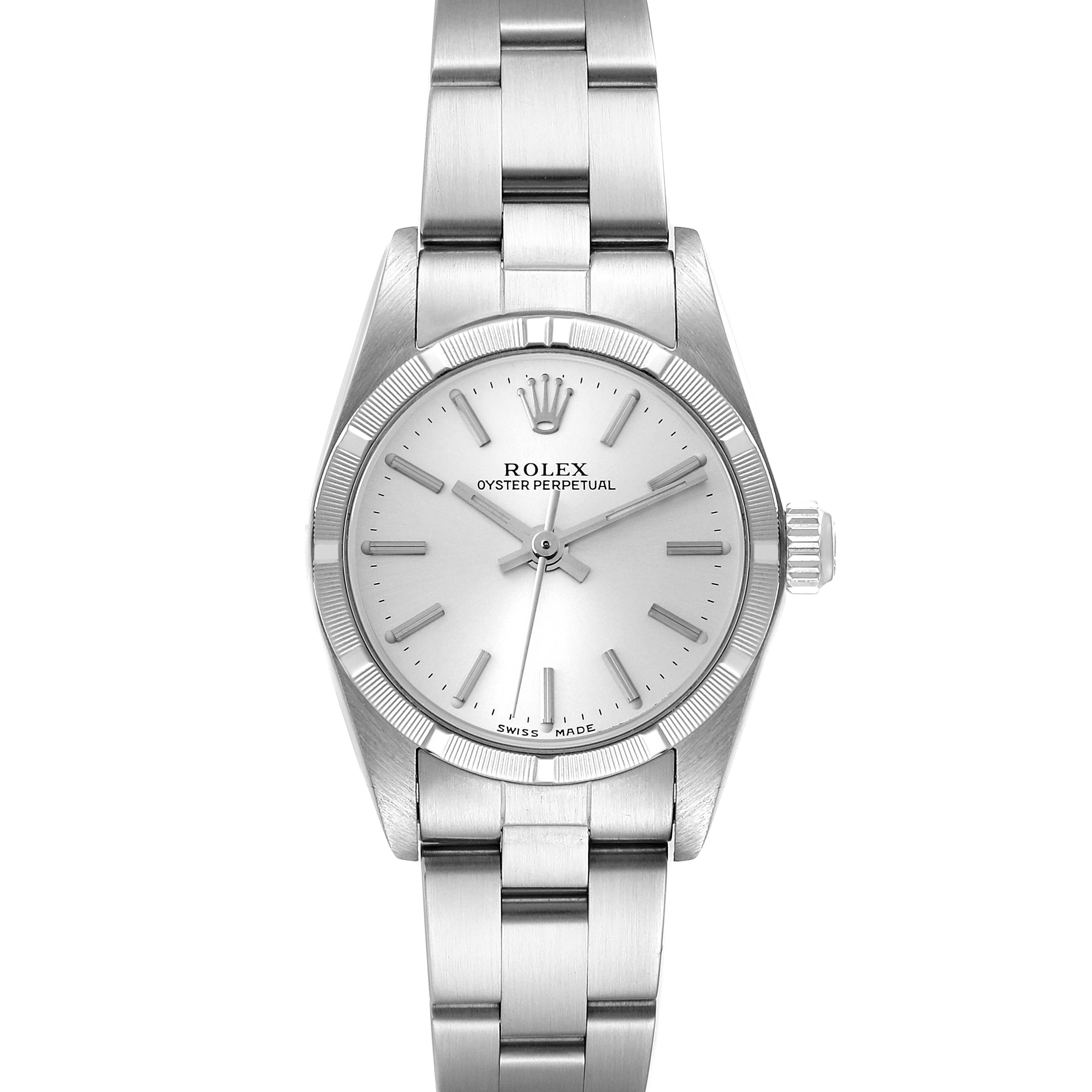 This image shows a top-down view of the Rolex Oyster Perpetual 76030 Women's Stainless Steel Silver Dial 76030 Women's Stainless Steel Silver Dial watch featuring a silver dial and stainless steel bracelet.