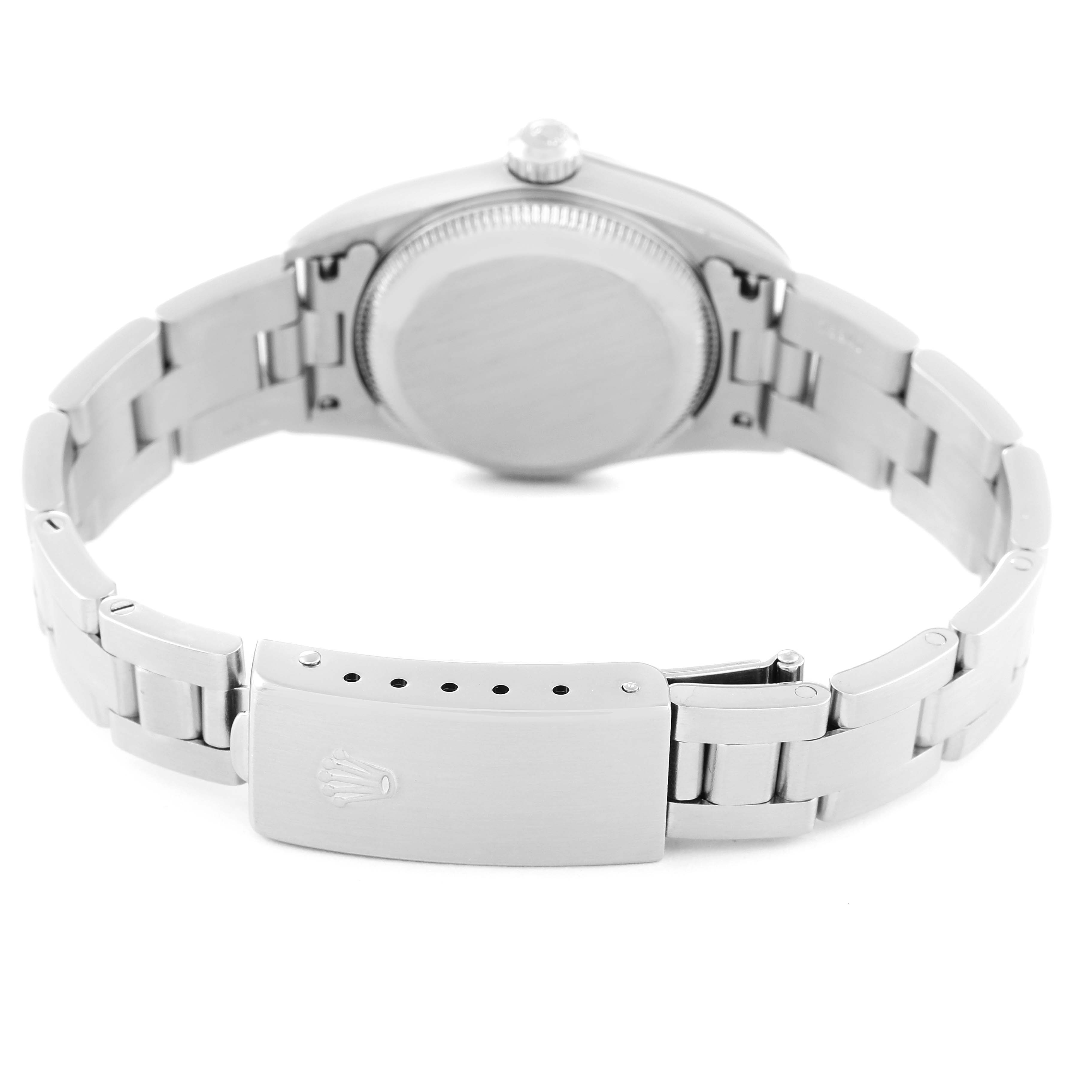 The image shows the back view of a Rolex Oyster Perpetual 76030 Women's Stainless Steel Silver Dial 76030 Women's Stainless Steel Silver Dial watch, displaying its bracelet and clasp.