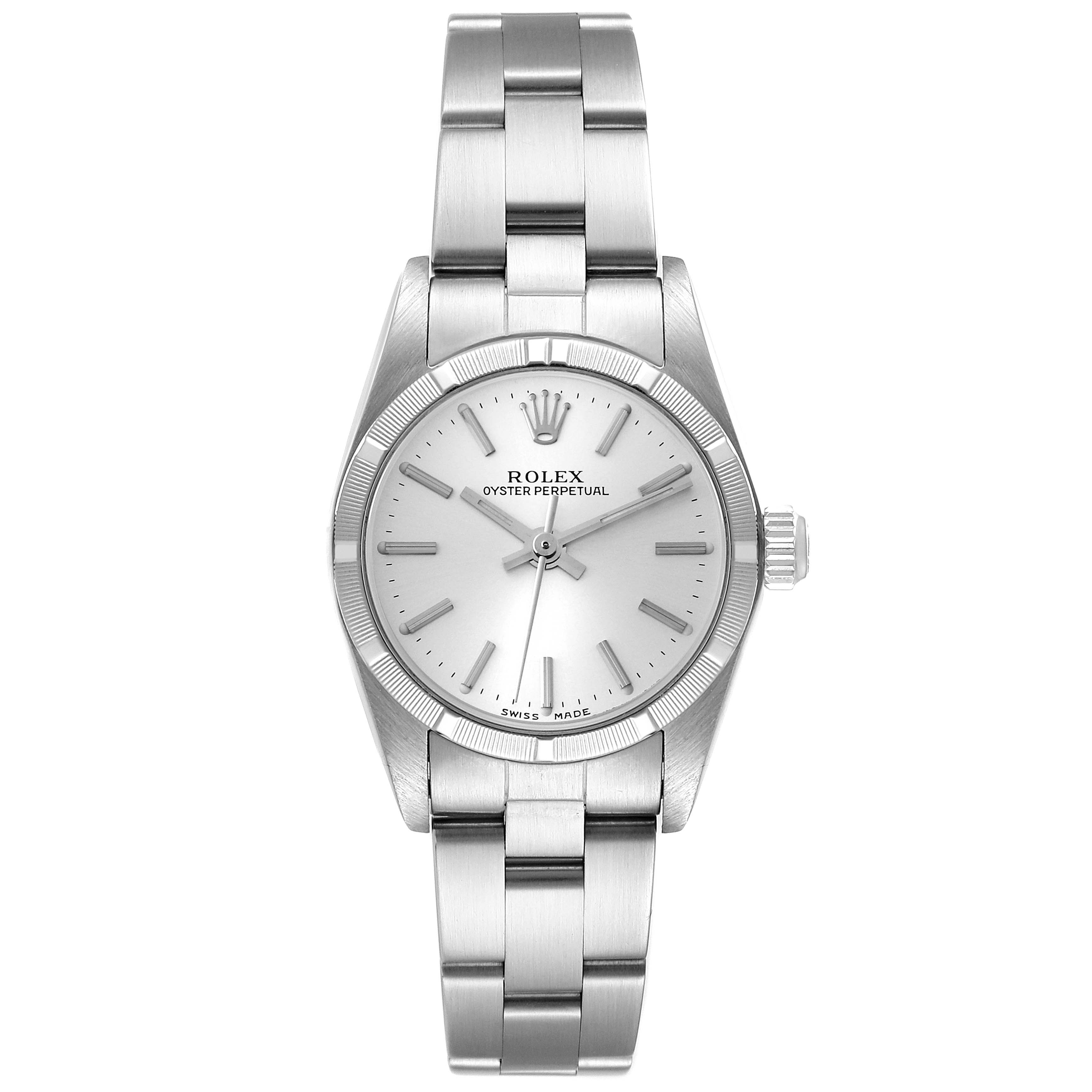 The image shows a front view of a Rolex Oyster Perpetual 76030 Women's Stainless Steel Silver Dial 76030 Women's Stainless Steel Silver Dial watch, displaying its dial, hands, bezel, and bracelet.